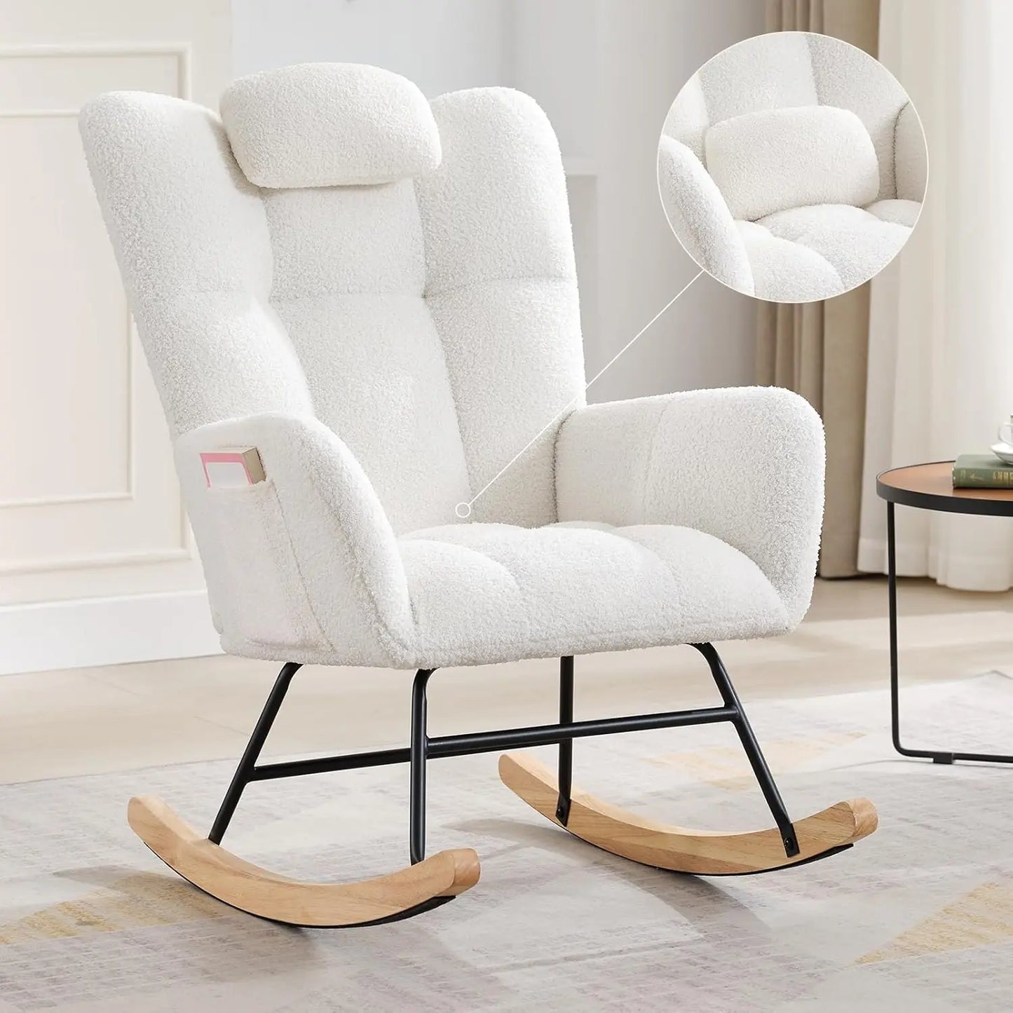 Modern Upholstered Nursery Rocking Chairs, with Side Pocket High Back Teddy Boucle  4 colors