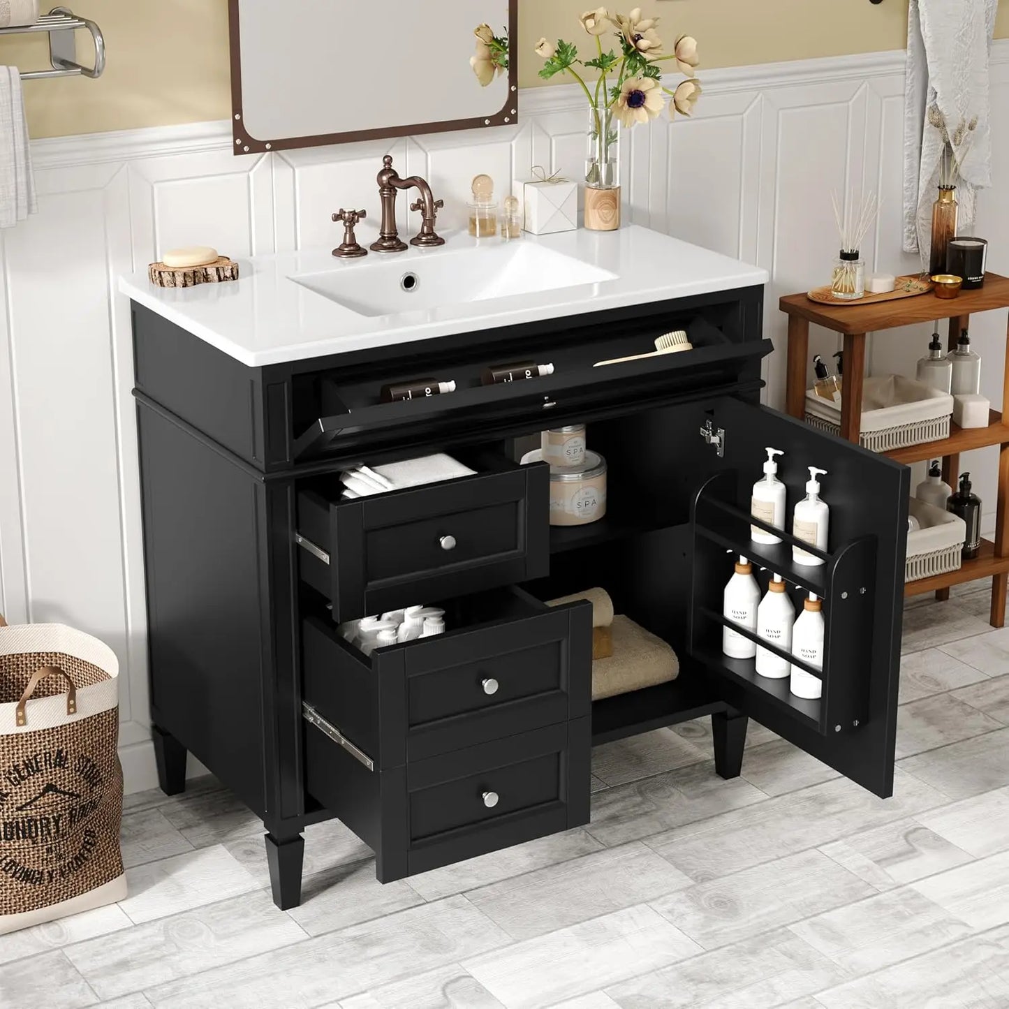 36in Solid Wood Bathroom Vanity with Soft-Close Doors & Tip-Out Drawer Undermount Sink Cabinet Green