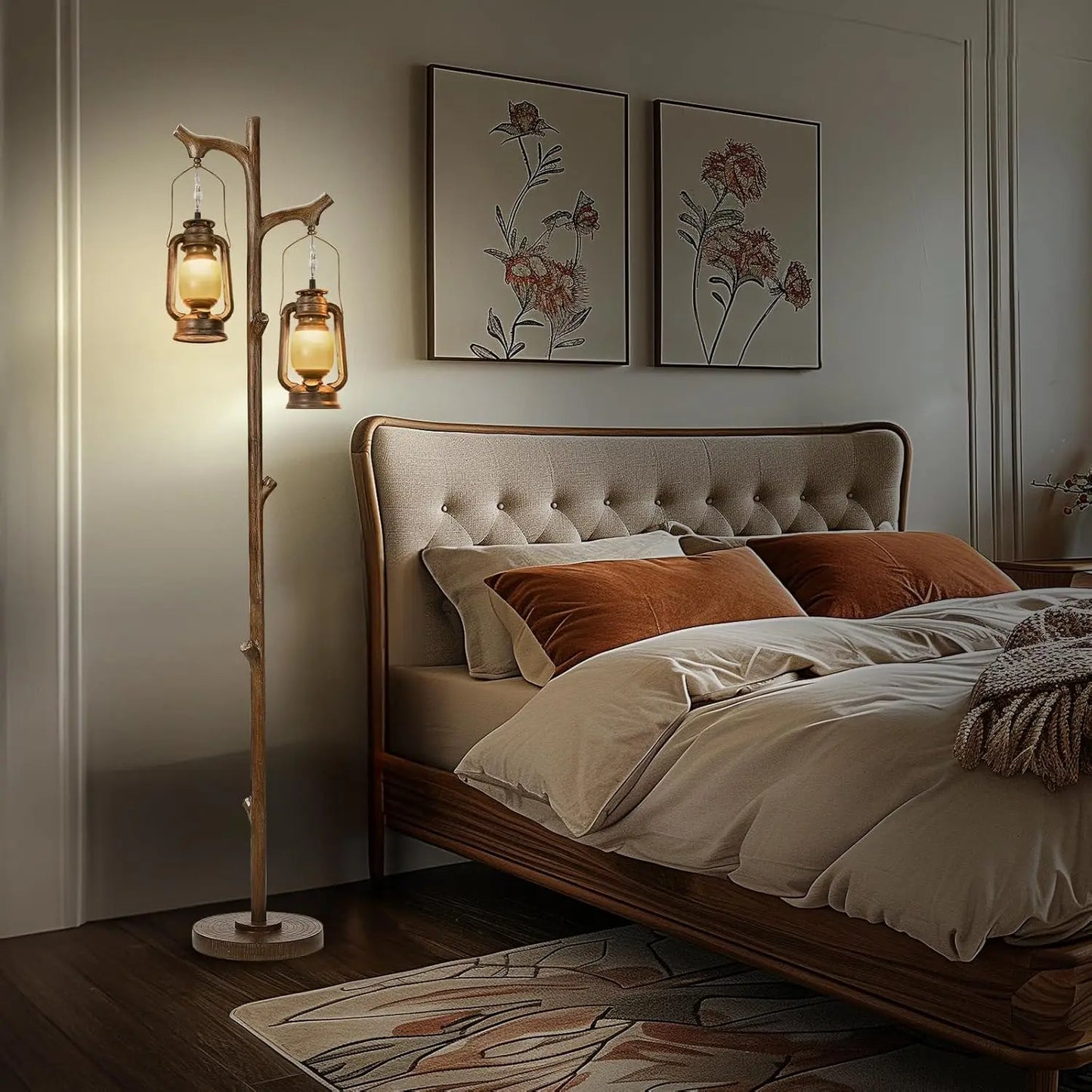 68" Rustic Farmhouse Tree Trunk Floor Lamp with Lantern, Stepless Dimmable, Brown Wood Finish