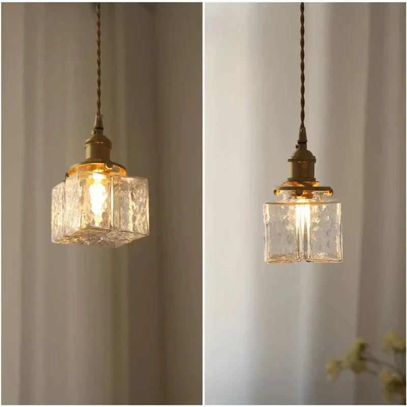 Japanese Retro Glass Pendant Light Yellow Copper Bedroom Chandelier Lightingt