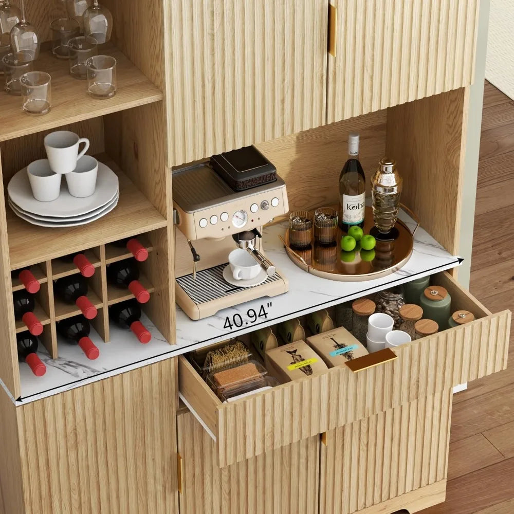 72” Tall Kitchen Pantry Cabinet, Fluted Storage Cabinet with Microwave Stand, Wine Bar Cabinet with Storage Hutch