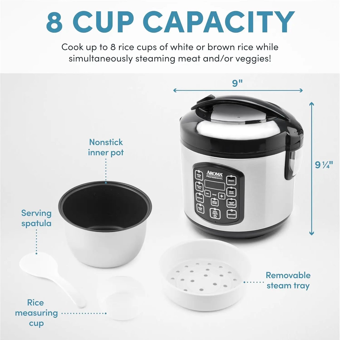 4-Cup Digital Rice Cooker & Multicooker with Steamer, Slow Cook 2 Qt Stainless Steel