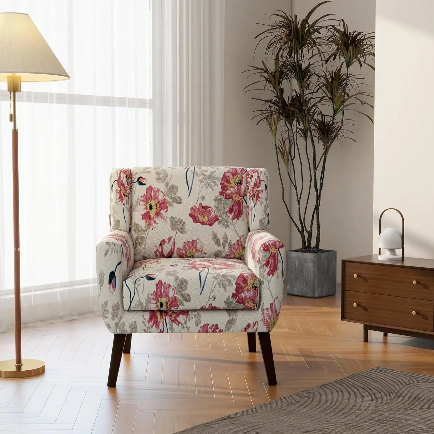 Modern Linen Accent Chair High-Resilient Sponge Comfy Reading Seat Floral Set 1,