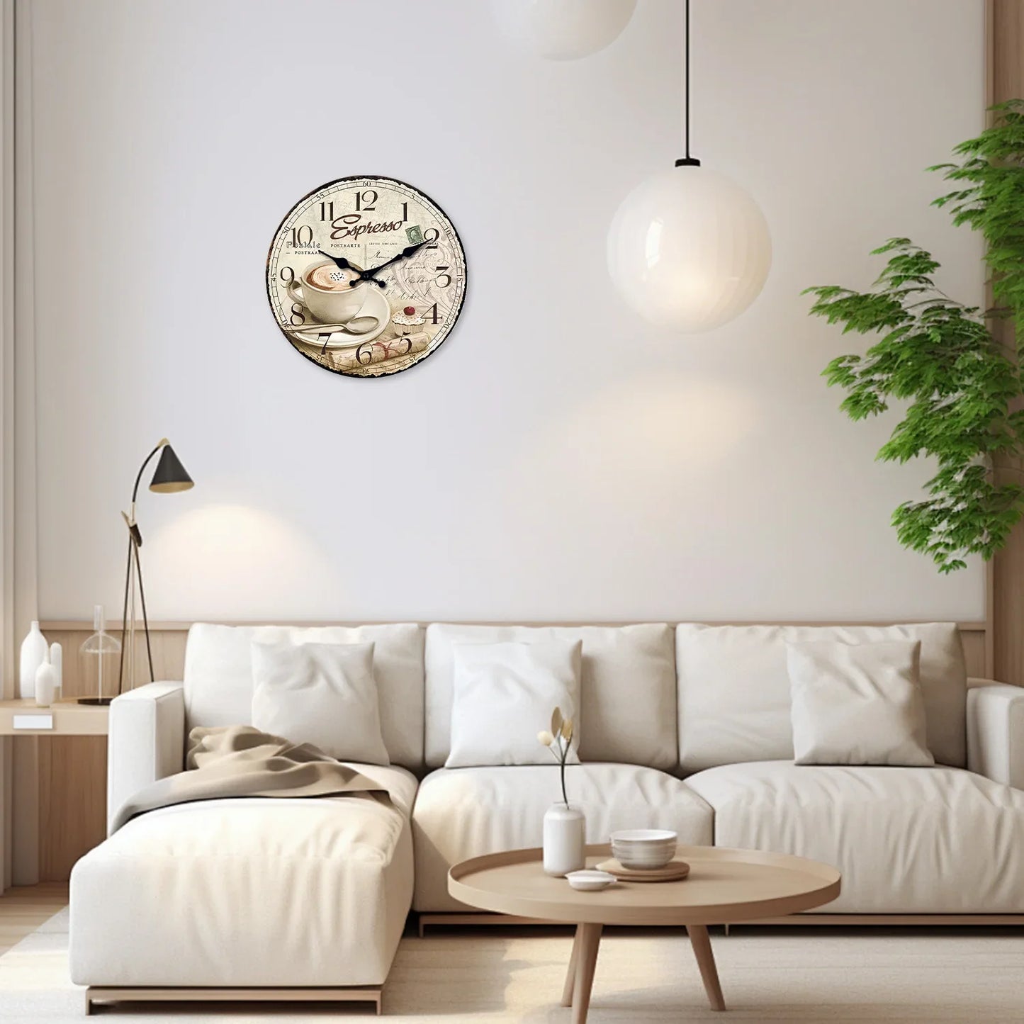 European Retro Coffee Cup Pattern Wooden Wall Clock for Kitchen, Home Decoration, Silent Quartz Clock,