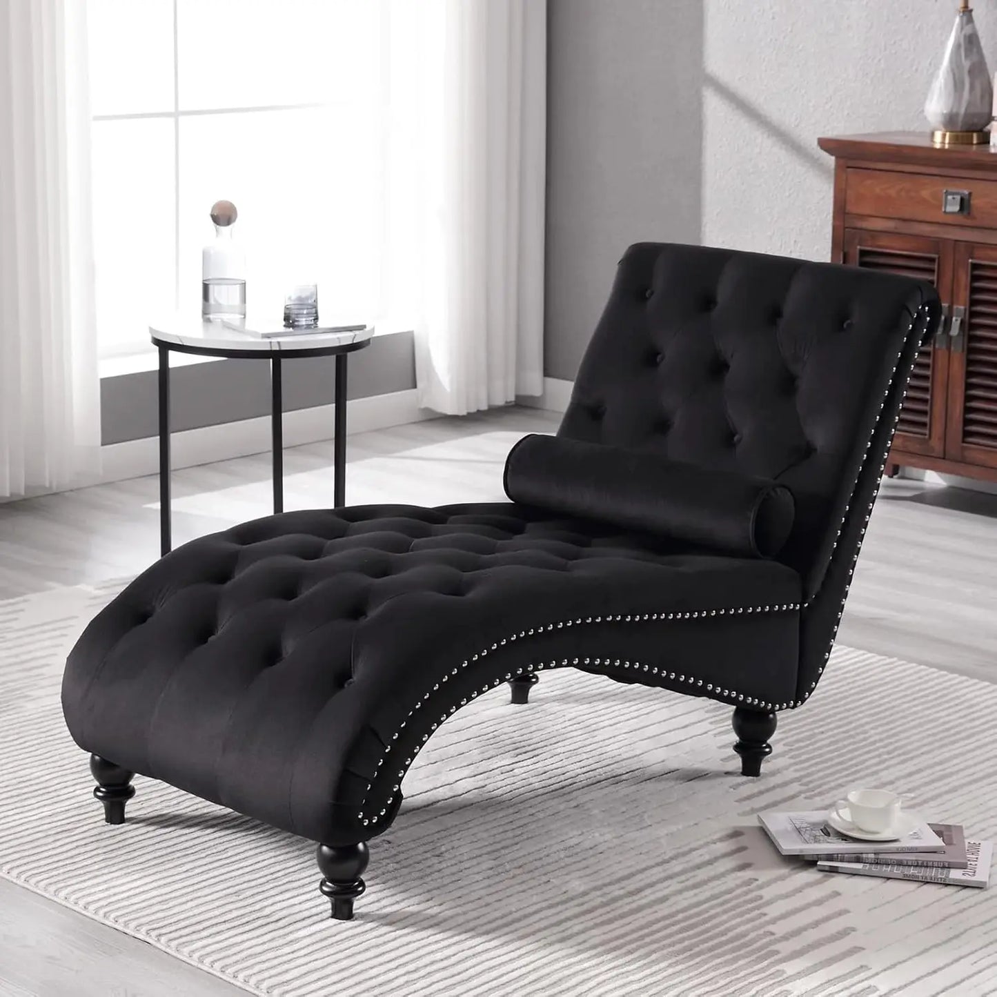 Velvet Chaise Lounge Indoor,Button-Tufted Upholstered with Pillow for Bedroom Living Room,