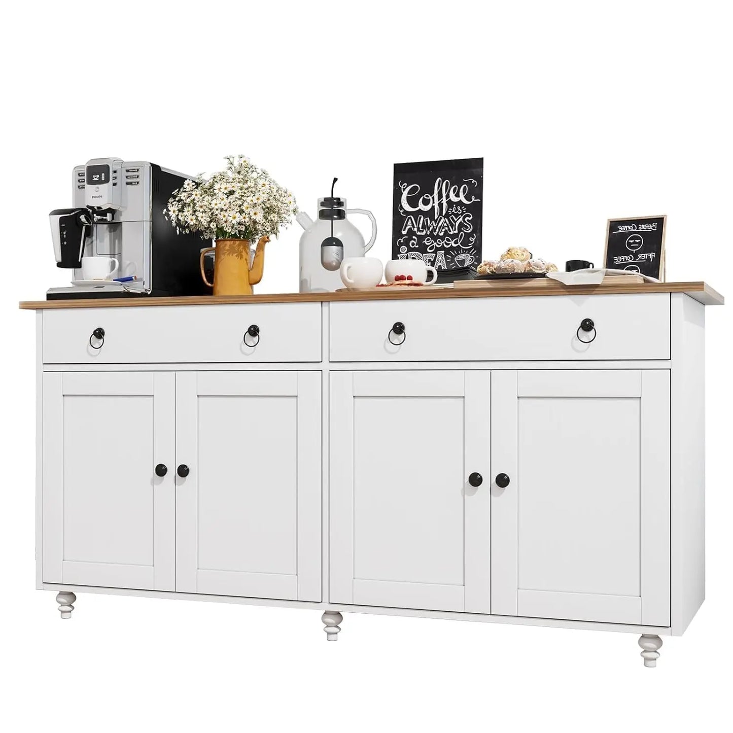 Buffet Cabinet with Storage, 55'' Large Farmhouse Cabinet with 2 Drawers and 4 Doors