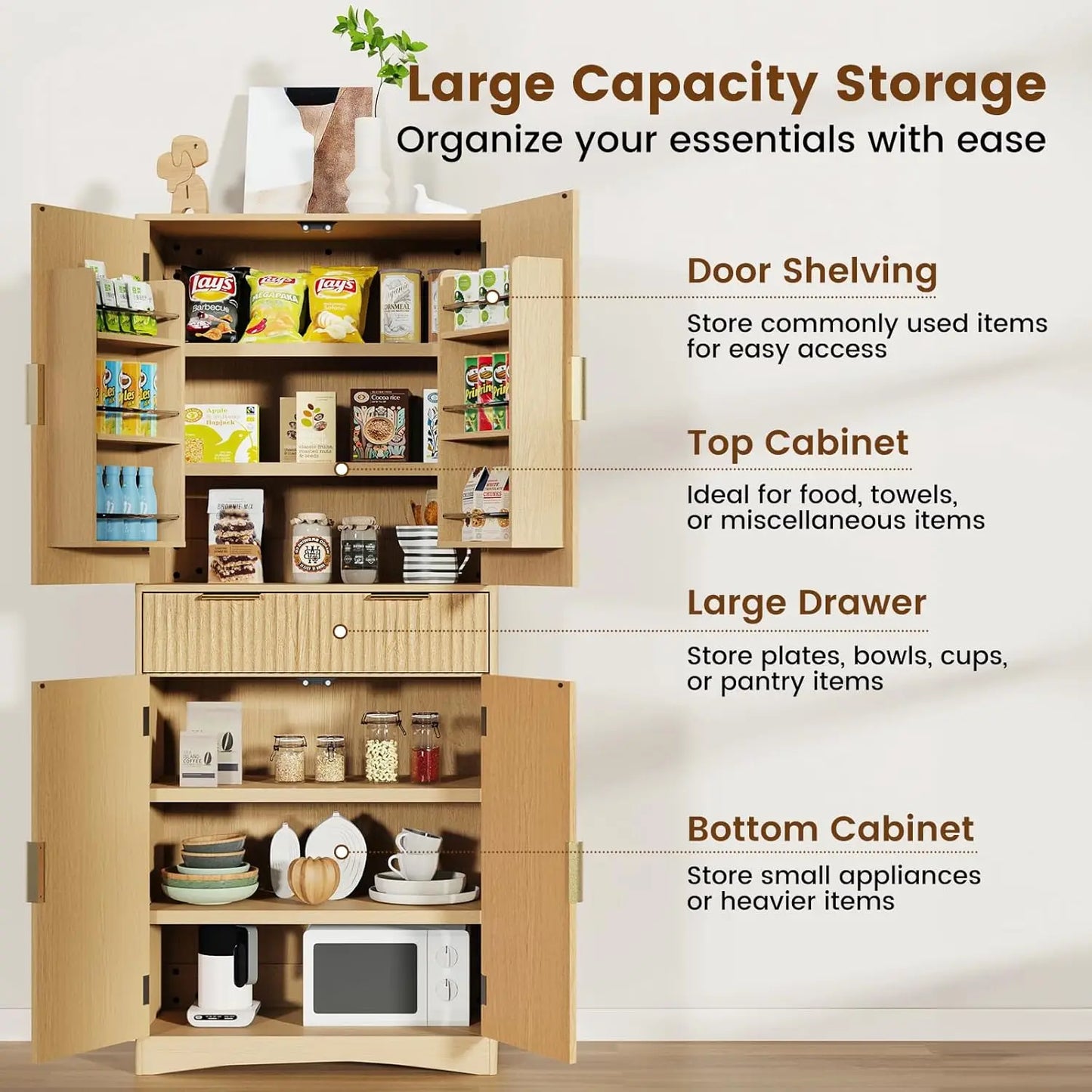 72" Tall Fluted Pantry Cabinet with Adjustable Shelves,  - Natural Oak Kitchen Storage