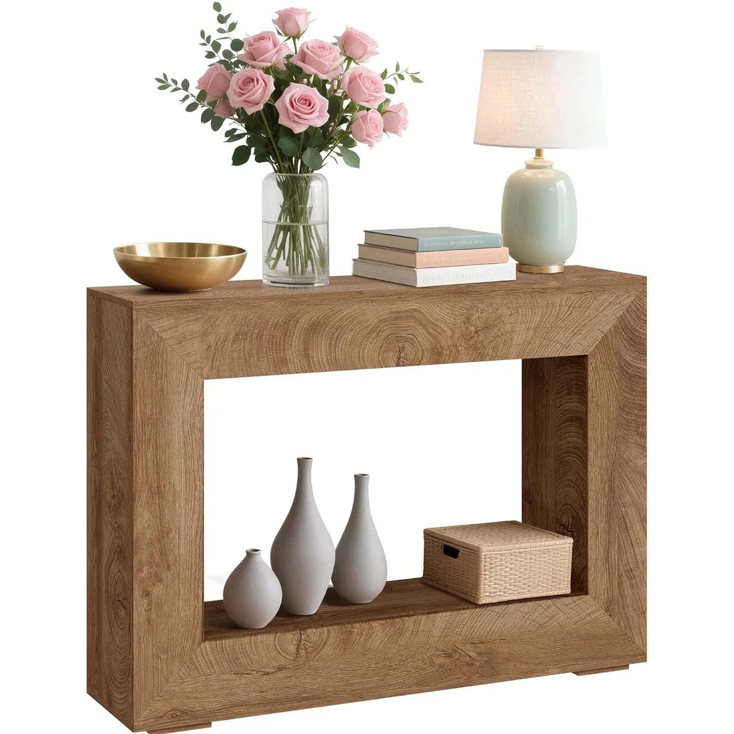 47" Rustic Farmhouse Console Table Wooden Entryway With Open Storage Shelves For Living Room Hallway Foyer