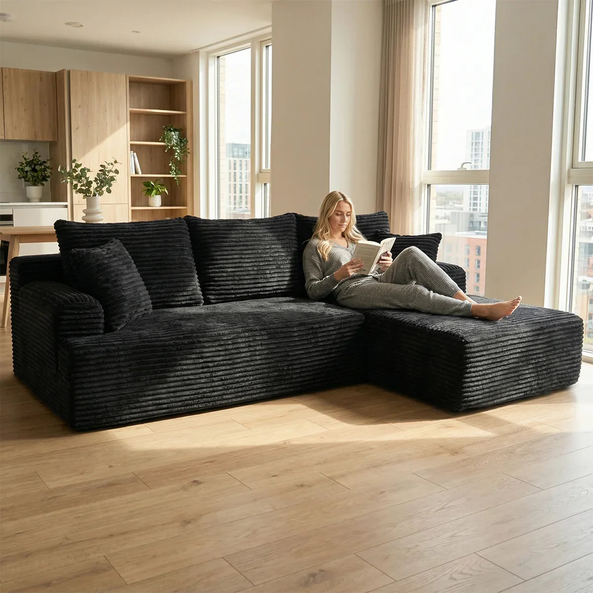 95" L-Shaped Sofa Chaise, Rabbit Fleece Upholstery, Ultra Soft & Comfortable, Ready to Use Out of the Box