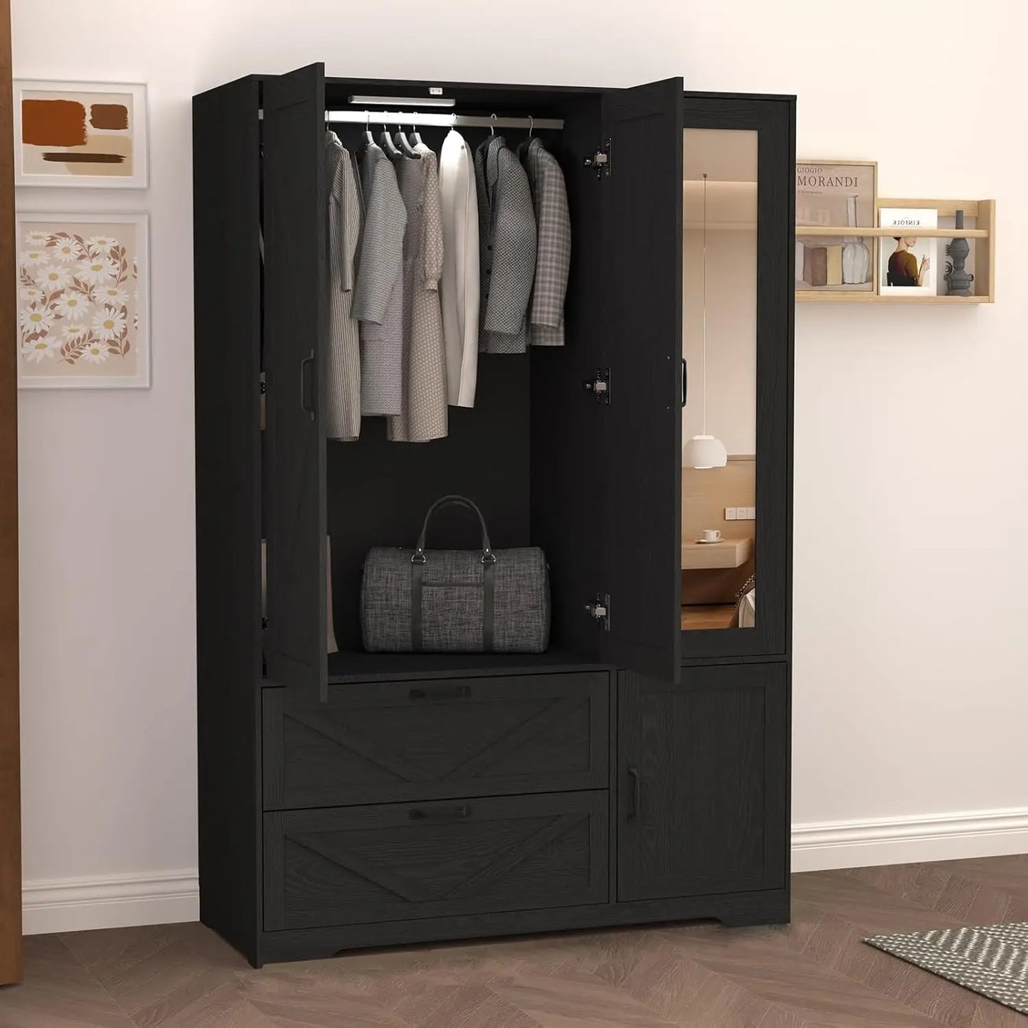 3 Door Armoire Wardrobe Closet with 2 Drawers, Hanging Rod & Lights,,