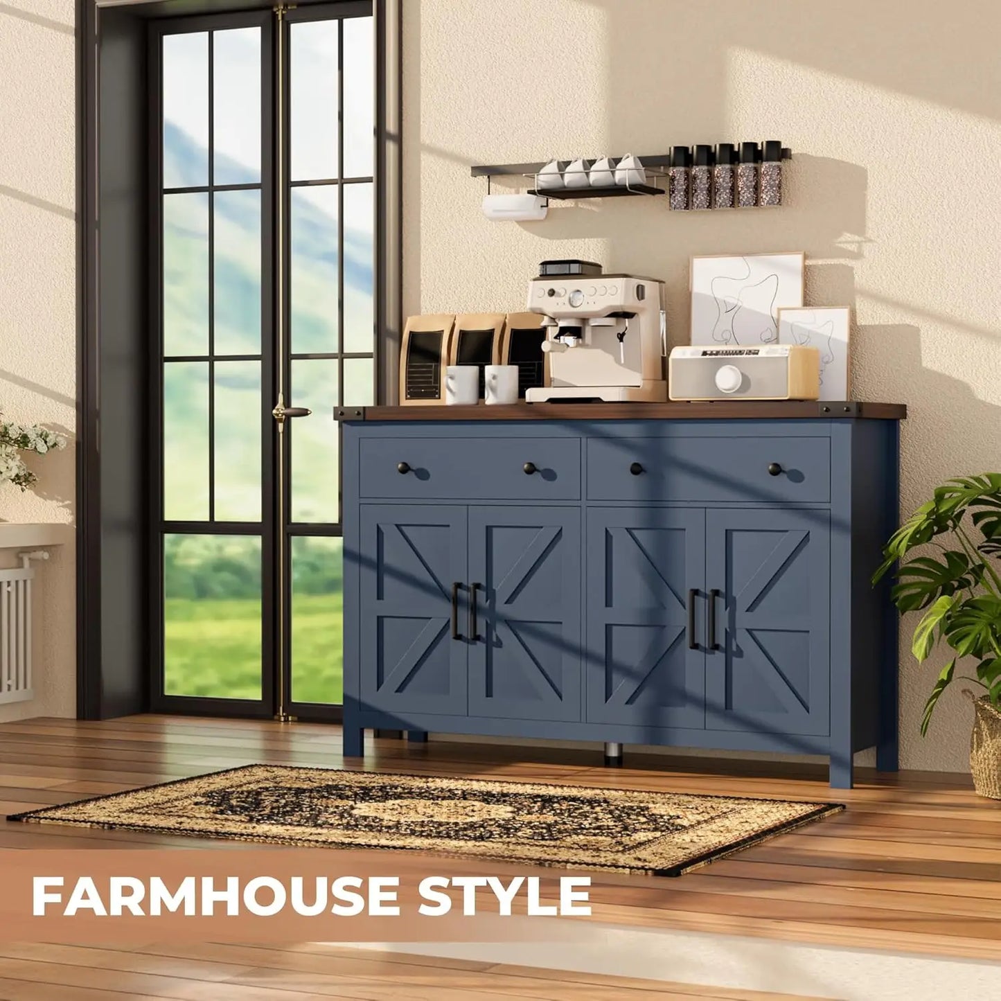 Buffet Cabinet with Storage Farmhouse with 4 Doors and 2 Drawers, 55'' Large Kitchen Storage  Blue Wood