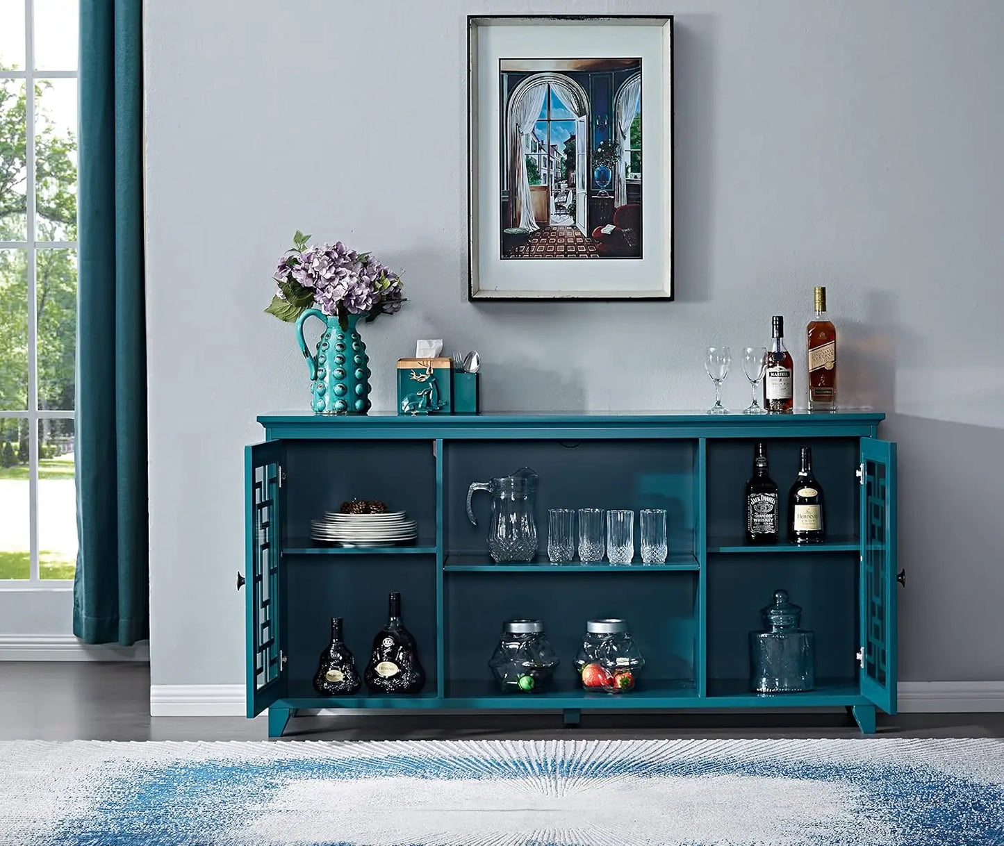 60”W Blue Console Table  Wood Sideboard with Adjustable Shelves and Doors,