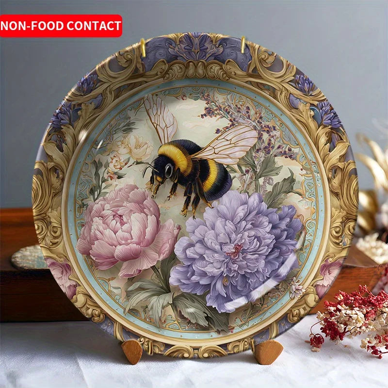 1pc Hand-Painted Bee & Floral Ceramic Plate - Round Wall-Mountable or Tabletop
