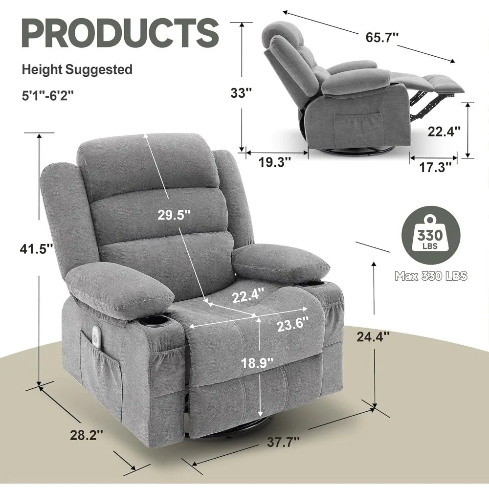 Rocker Recliner Chair with Heat and Massage,360° Swivel  with Cup Holder