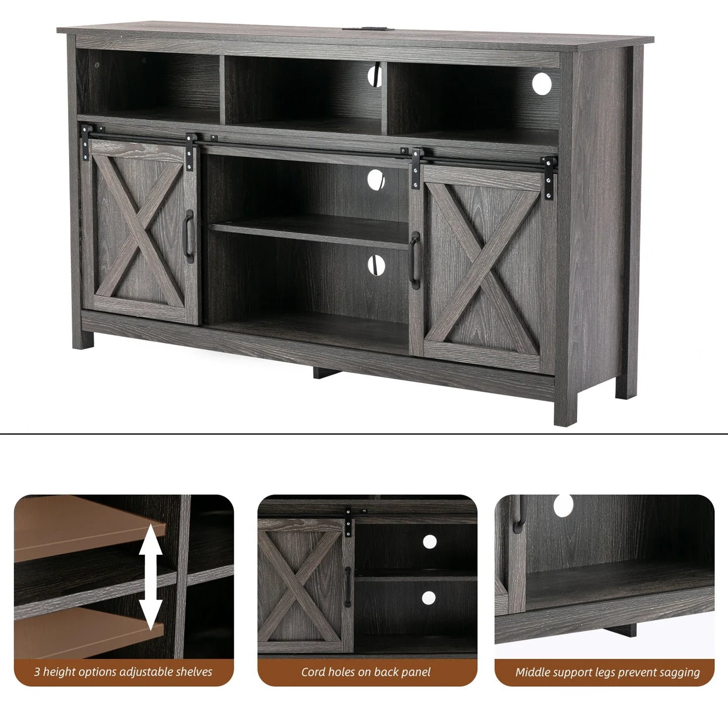 TV Stand Farmhouse Coffee Bar Cabinet Rustic Sliding Barn Door Cabinet with Power Outlet & LED Light