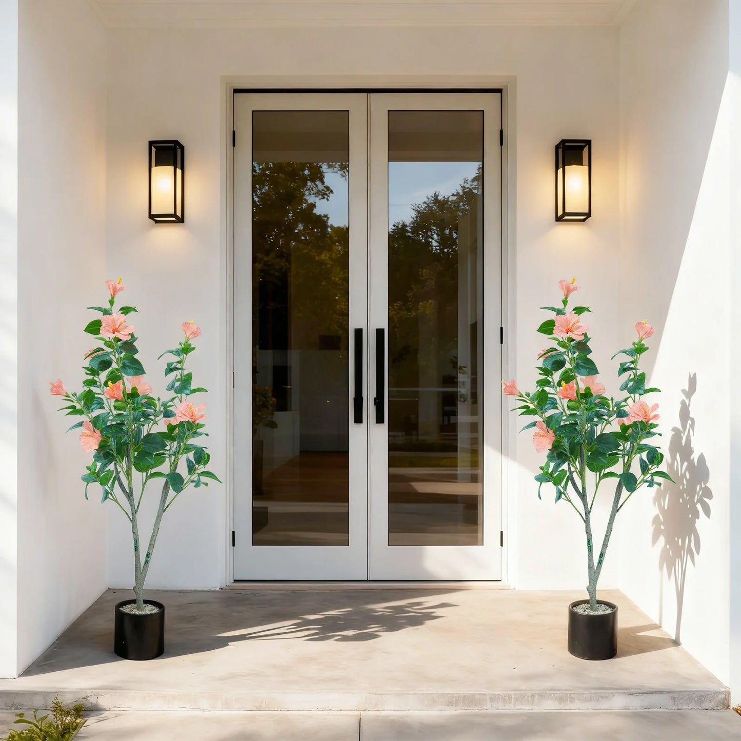 1Pcs  Hibiscus Artificial Tree Faux Tree with Red Hibiscus Flowers  for Front Porch Office Home
