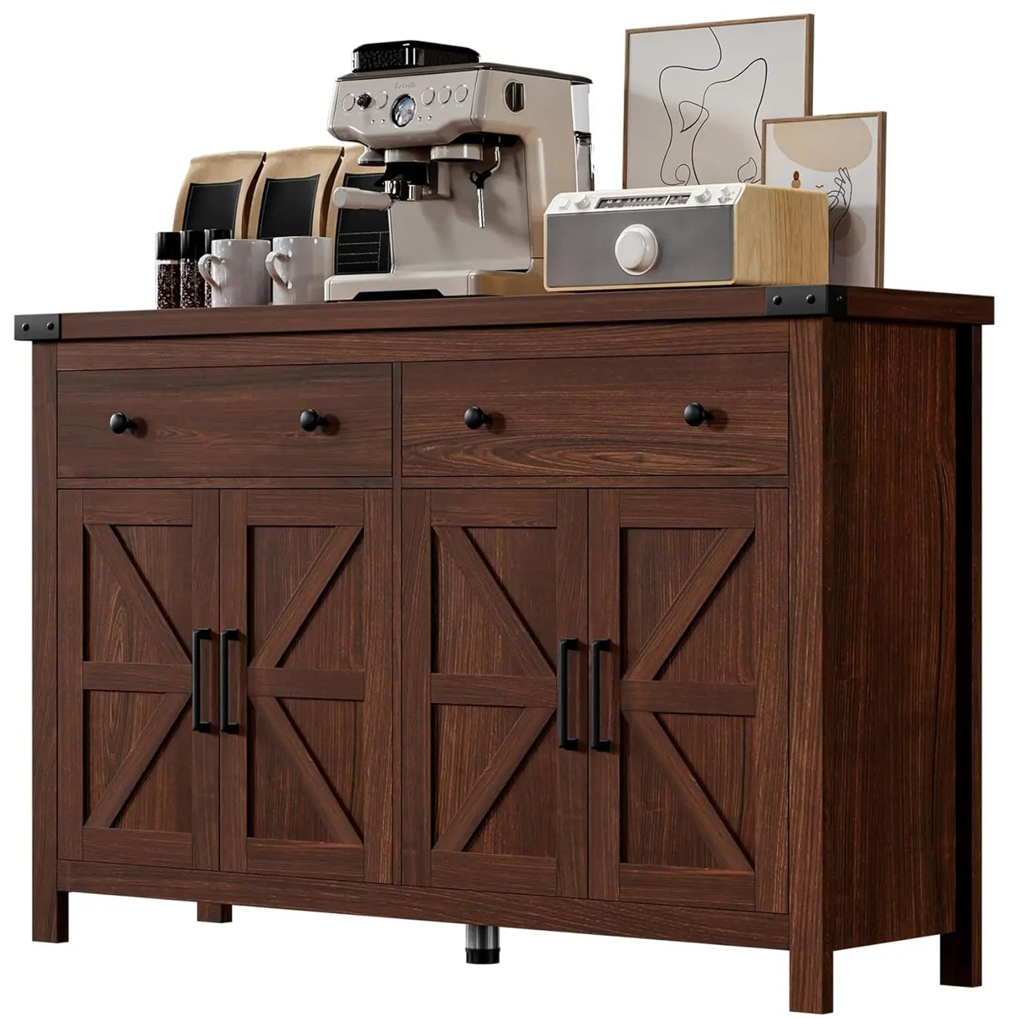 Buffet Cabinet with Storage Farmhouse with 4 Doors and 2 Drawers, 55'' Large Kitchen Storage  Blue Wood