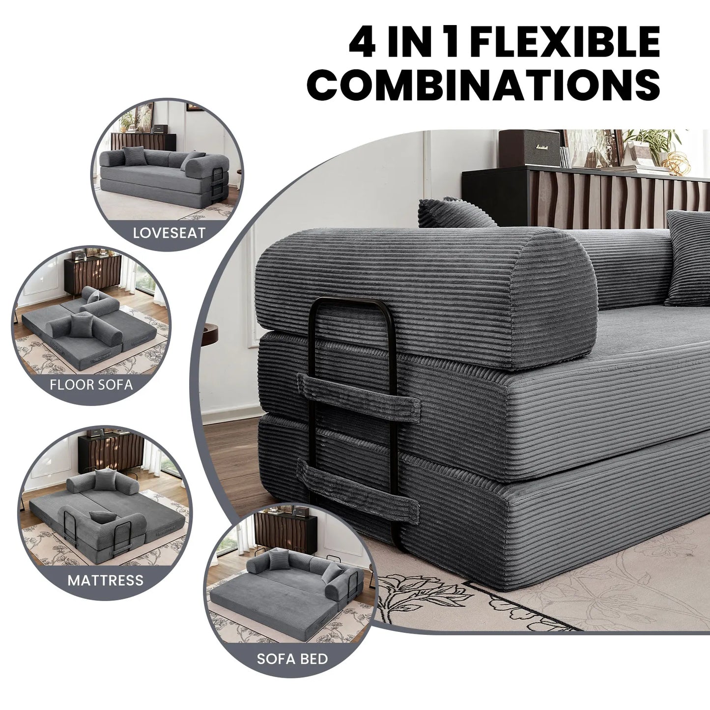 79" Convertible Sofa Bed with Fixed-Shape Frame & Removable Armrests, Modular Corduroy
