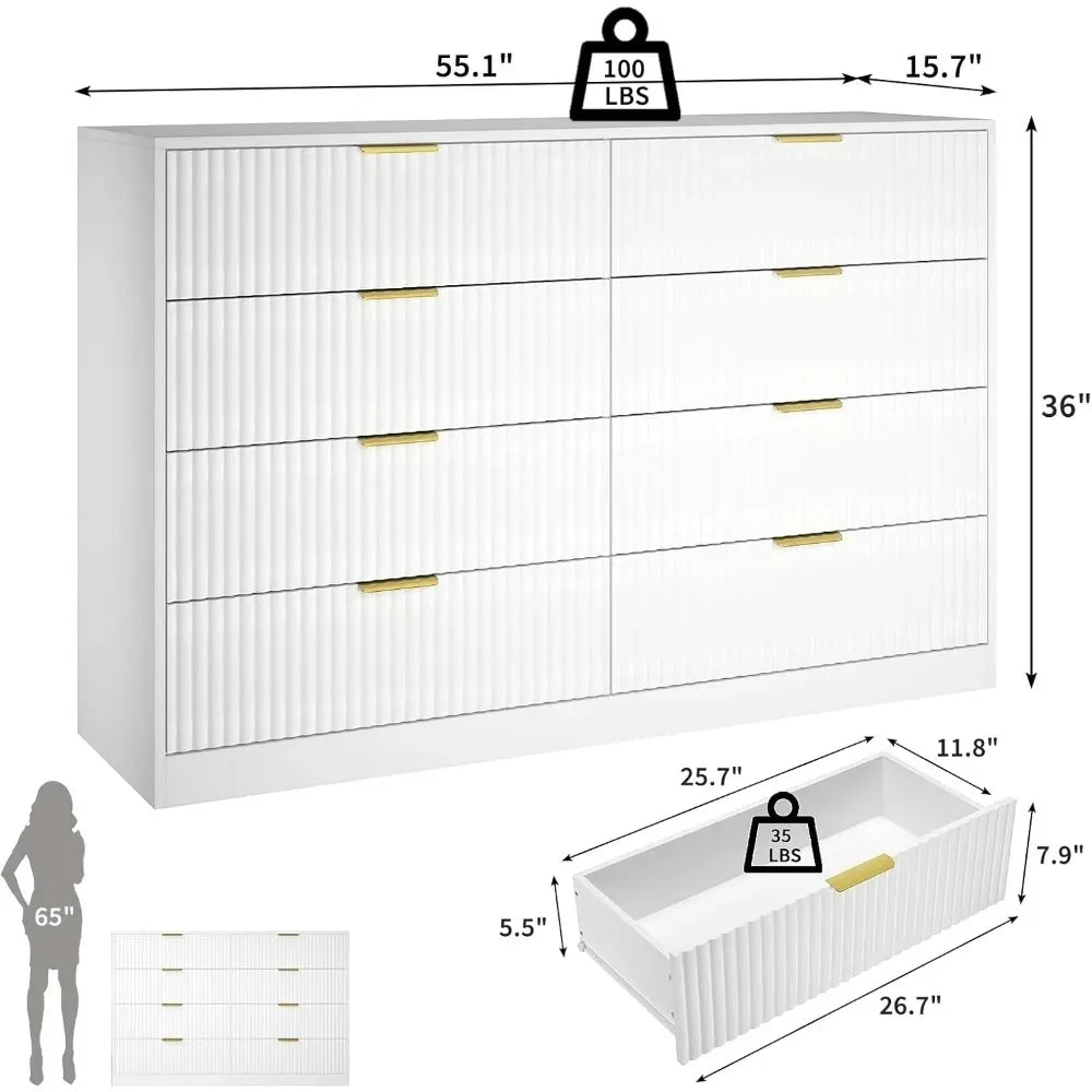 Fluted Dresser for Bedroom with 8 Drawer, 55”  Double Drawer Dresser