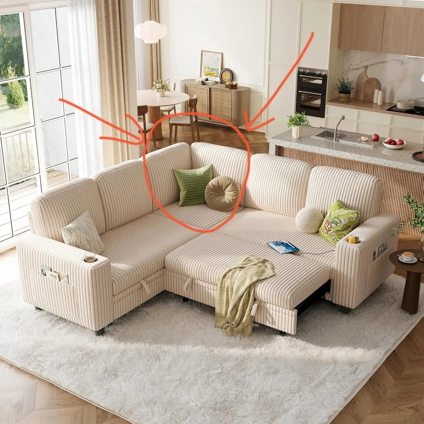 Corner Sleeper Sofa Sectional Couch with Storage, Beige Fabric  for Living Room