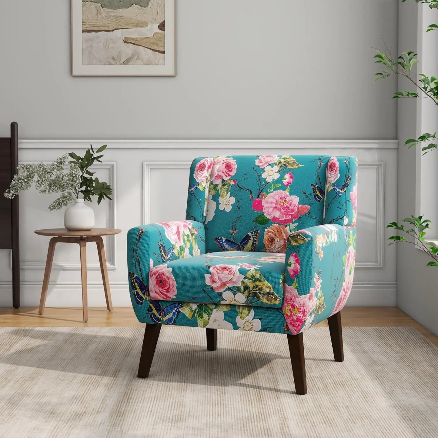 Modern Linen Accent Chair High-Resilient Sponge Comfy Reading Seat Floral Set 1,