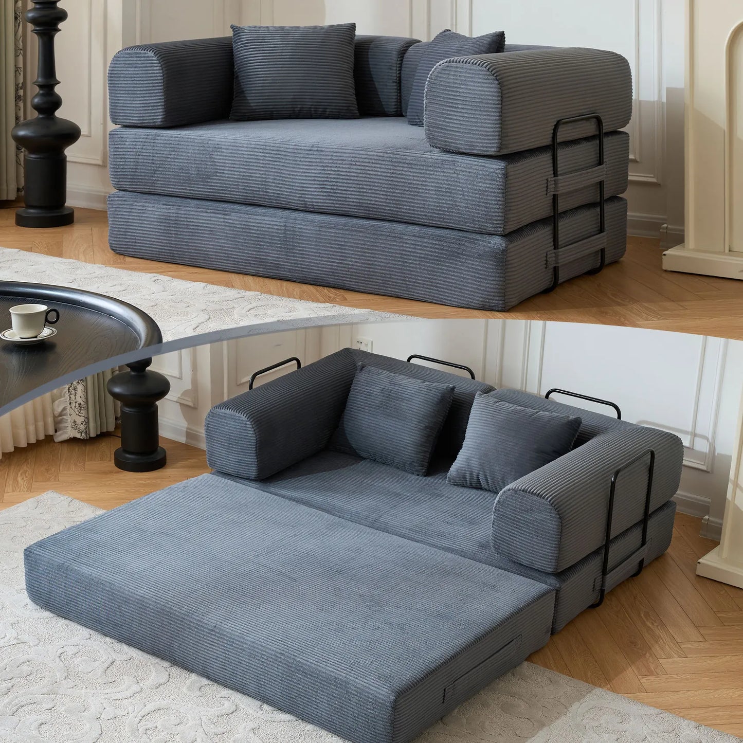 79" Convertible Sofa Bed with Fixed-Shape Frame & Removable Armrests, Modular Corduroy