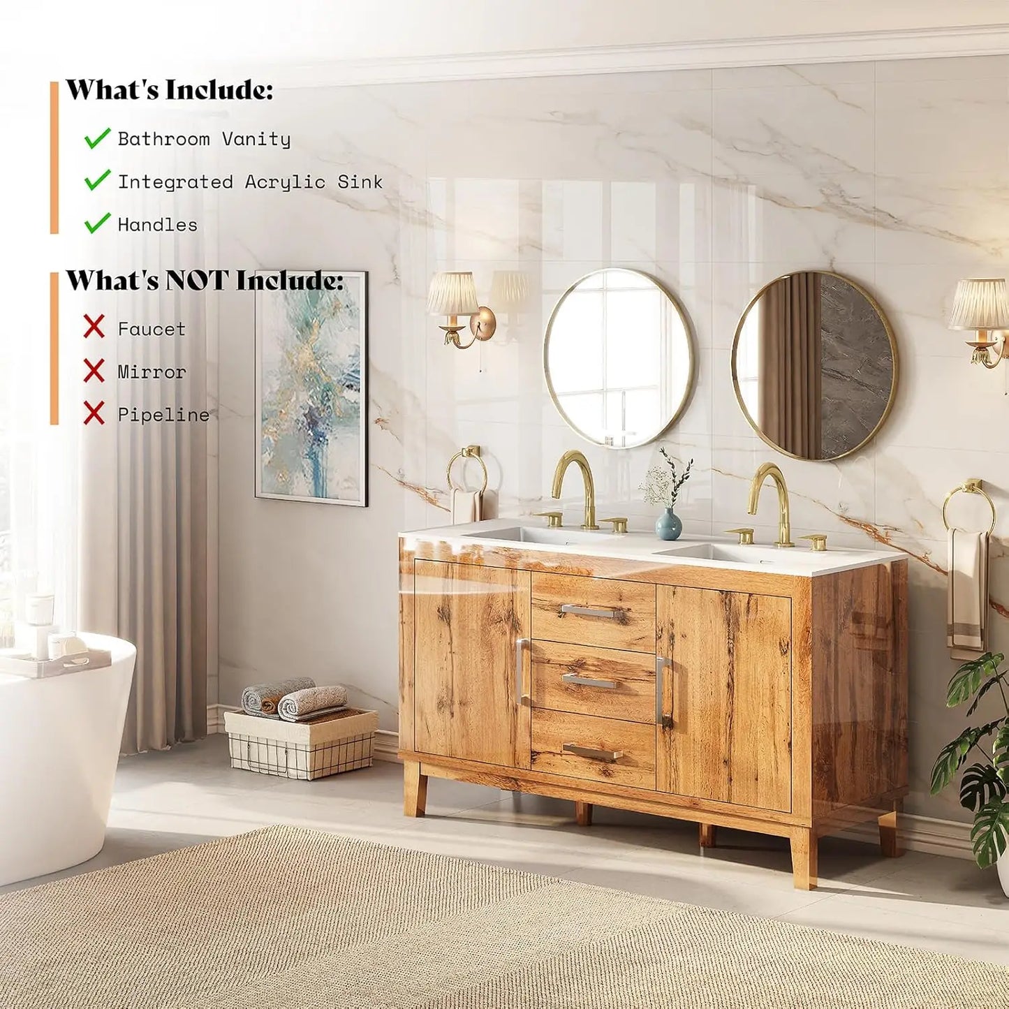 60in Double Bathroom Vanity High Gloss Woodgrain Storage 3 Hole Sink 2 Soft Close Doors Oak