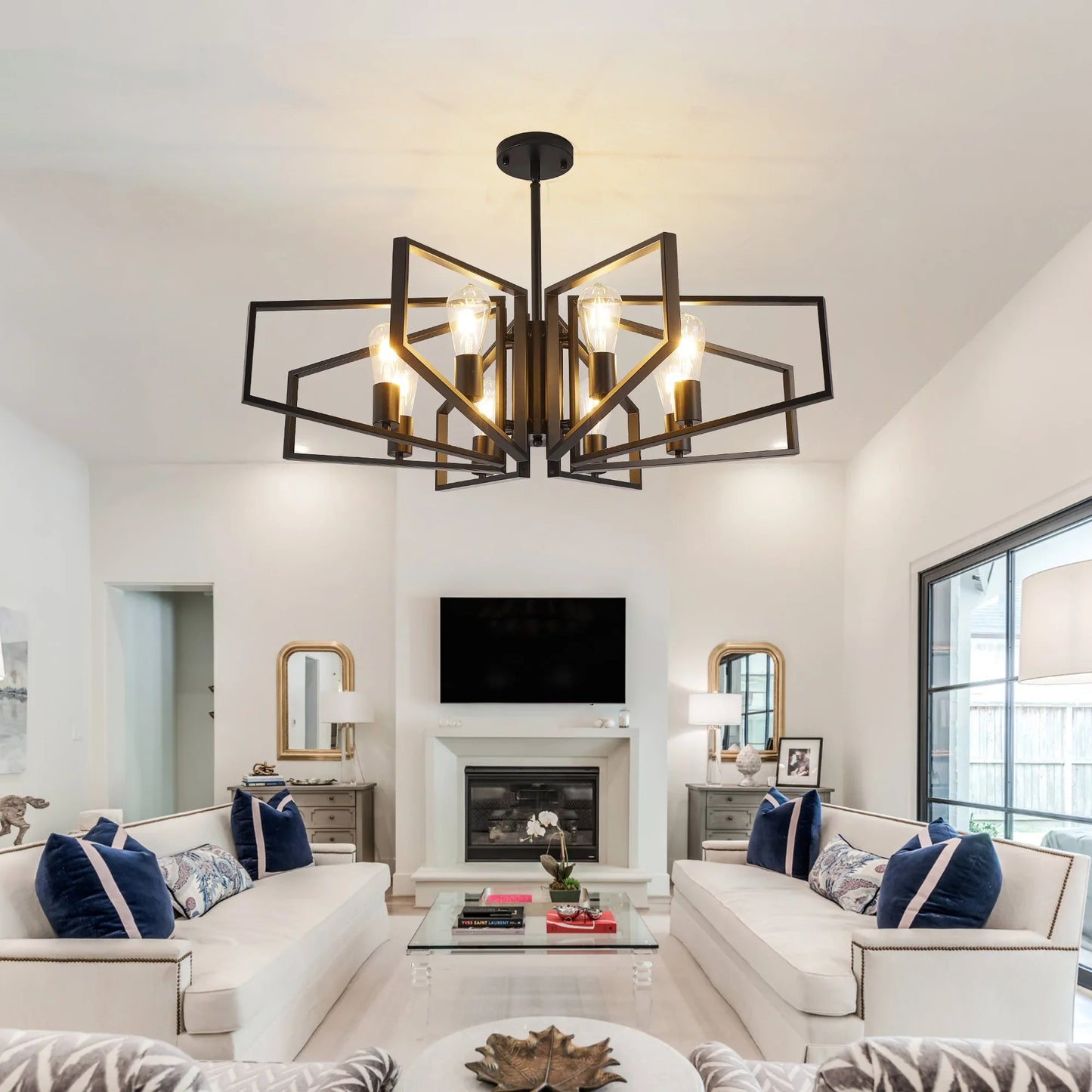 Modern 8-Light Geometric Chandelier Adjustable Height  Light with Black Frame & Golden Accents
