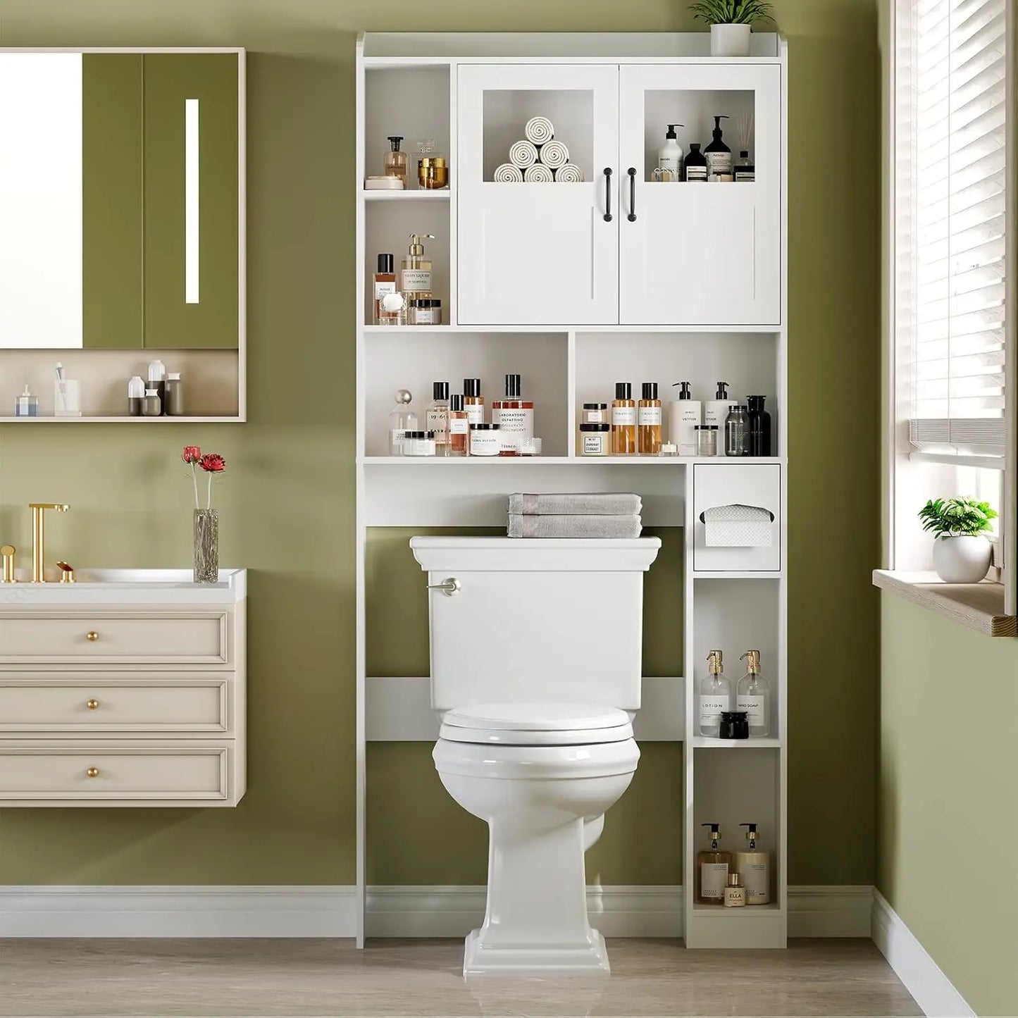 Over Toilet Storage Cabinet With Glass Door, 67.4" Adjustable Bathroom Organizer, Freestanding Cabinet