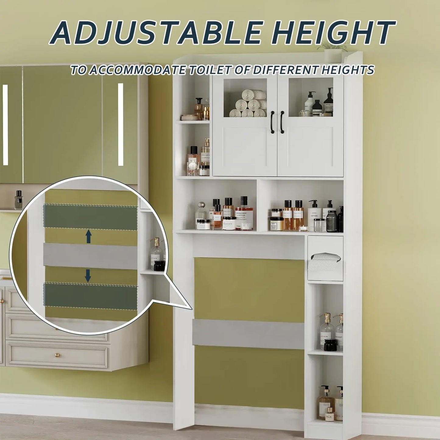 Over Toilet Storage Cabinet With Glass Door, 67.4" Adjustable Bathroom Organizer, Freestanding Cabinet