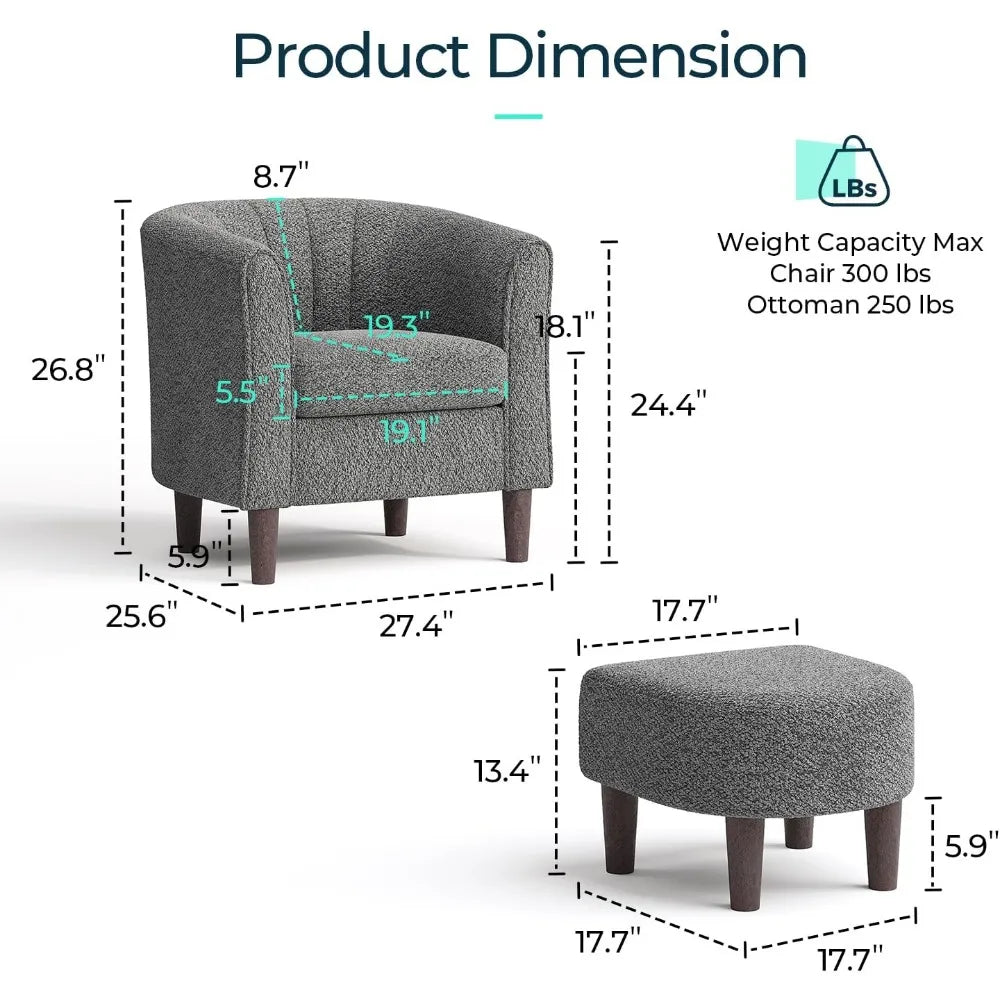 Accent Chair Ottoman Set: Chenille Barrel Chair with Foot Rest,  Upholstered