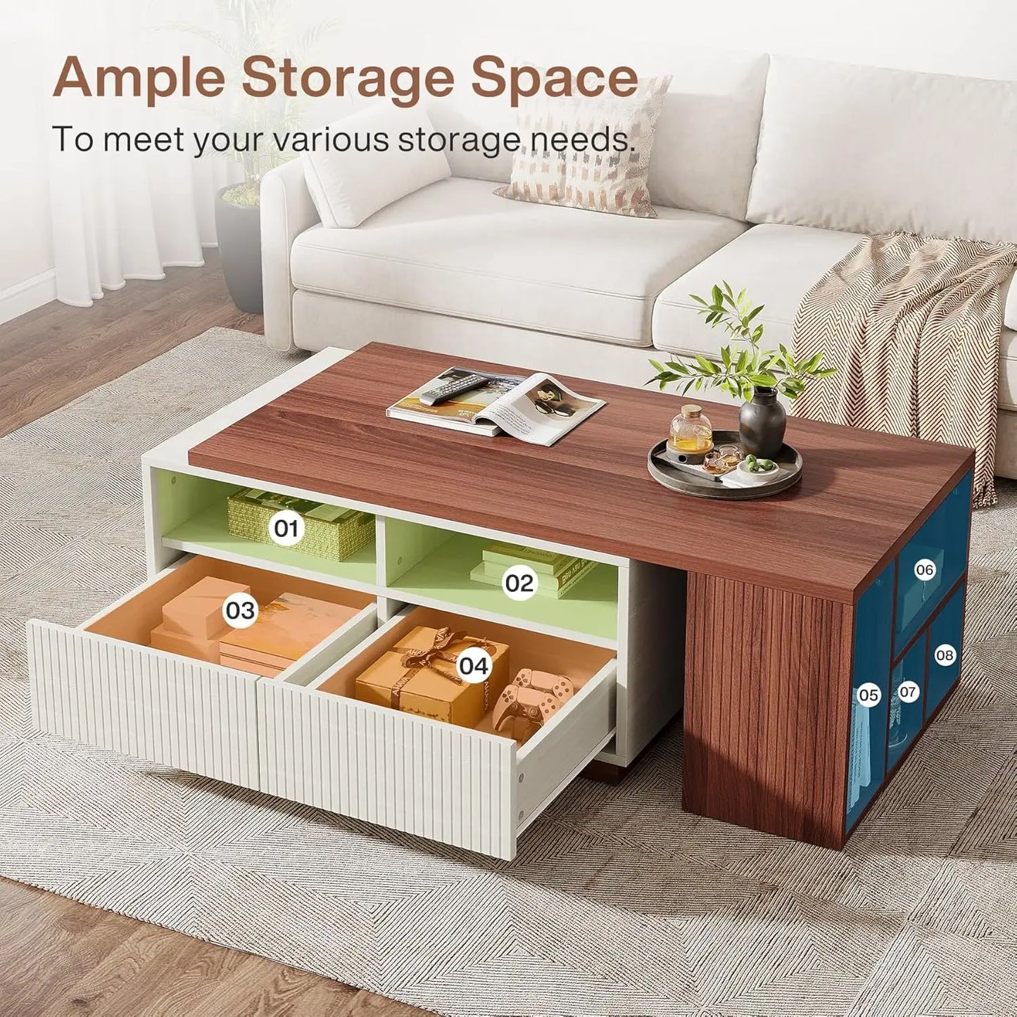 Extendable Coffee Table with 2 Storage Drawers,
