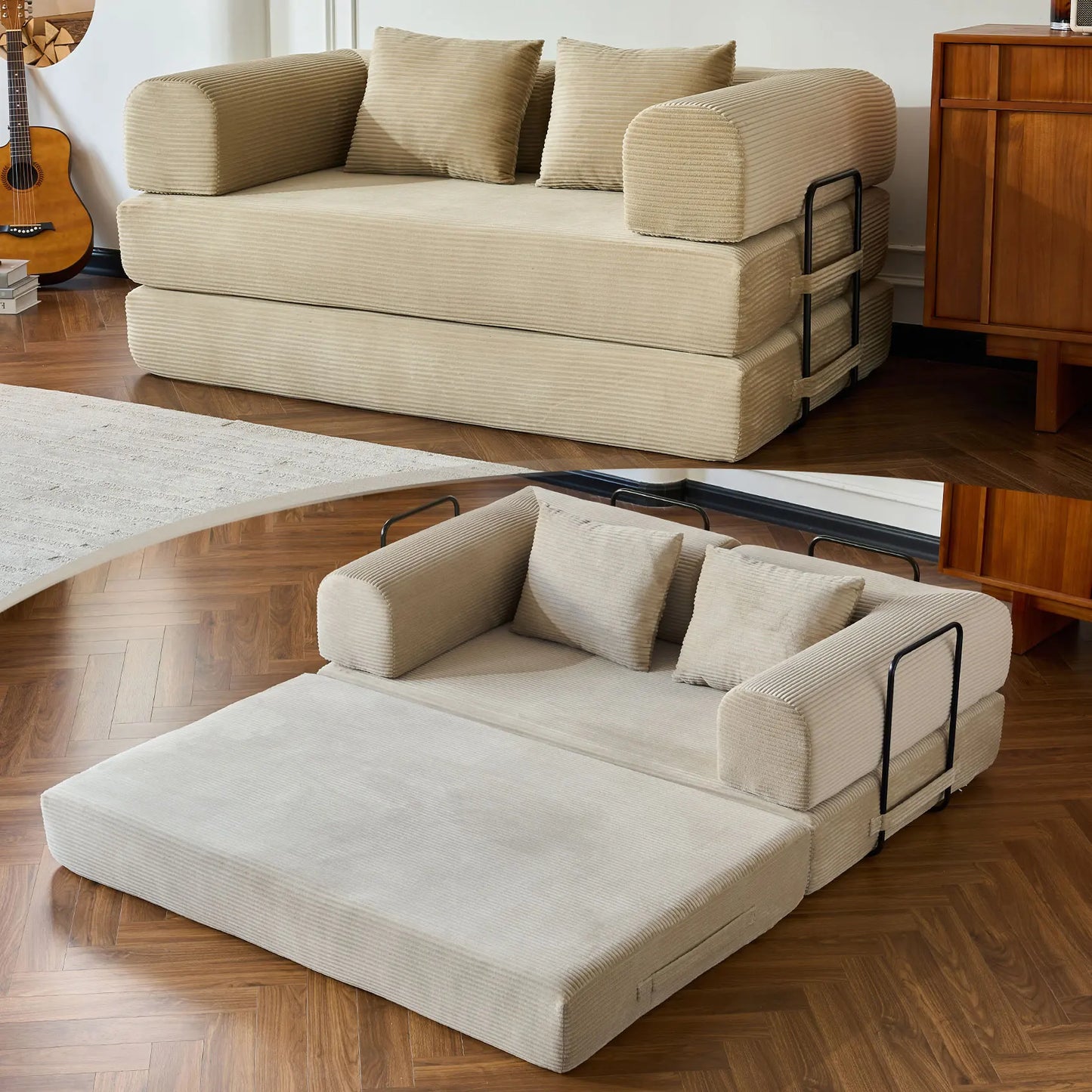 79" Convertible Sofa Bed with Fixed-Shape Frame & Removable Armrests, Modular Corduroy