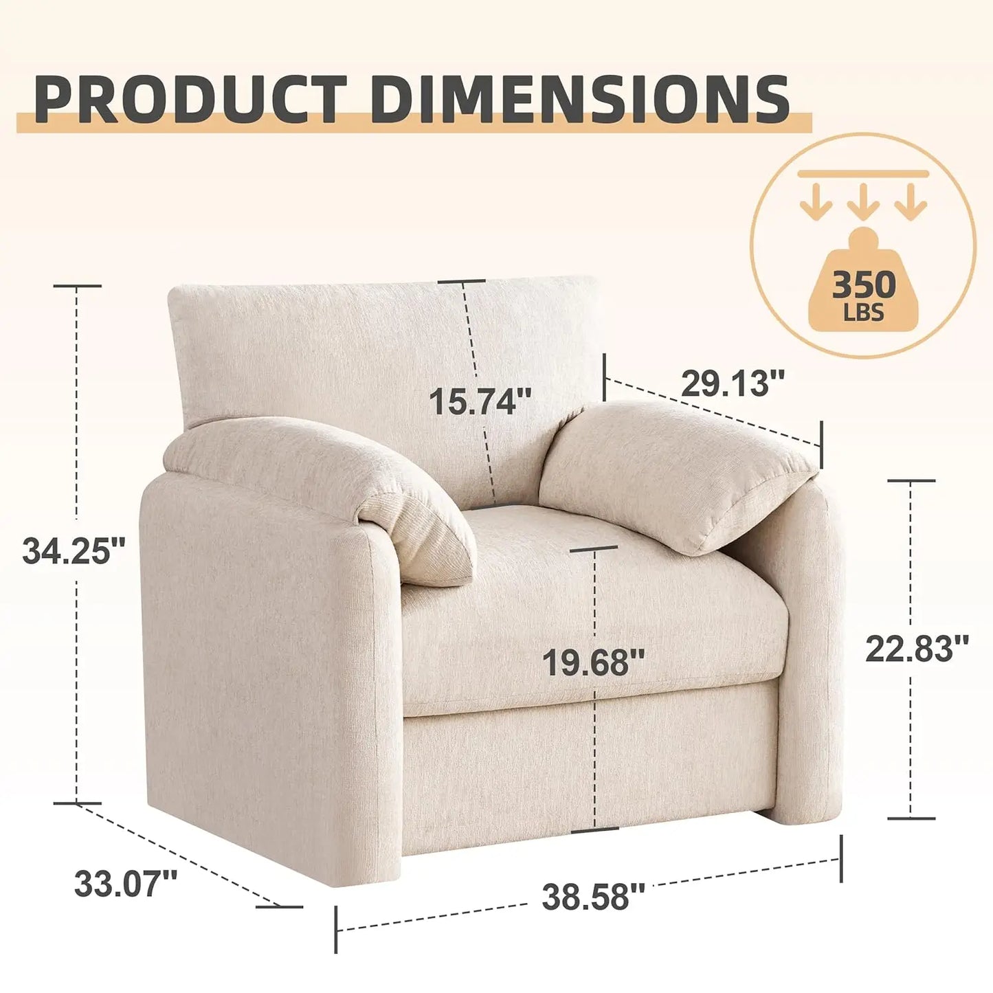 38.6in Chenille Oversized Armchair Mid-Century Upholstered Living Room Bedroom Beige