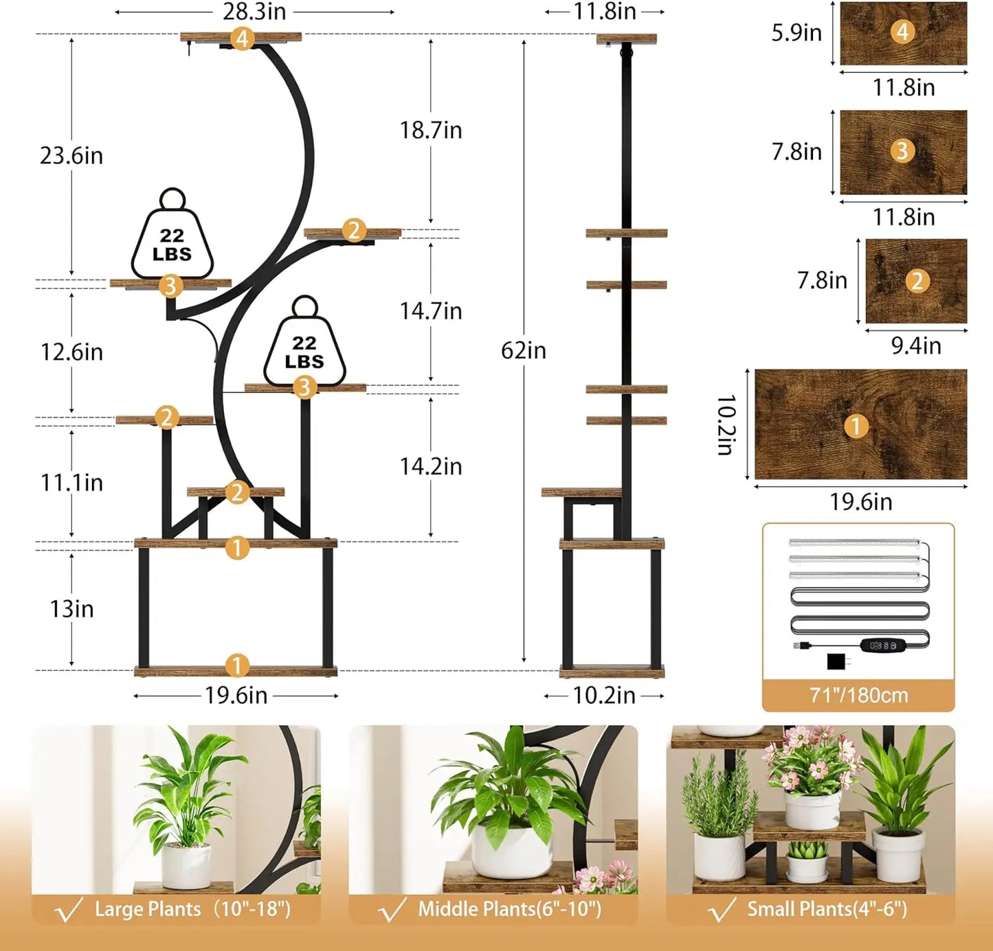 Plant Stands for Indoor Growing, 8 Tiered Large Flower Holder, S-Shaped Decorative Rack for Living Room, Brown