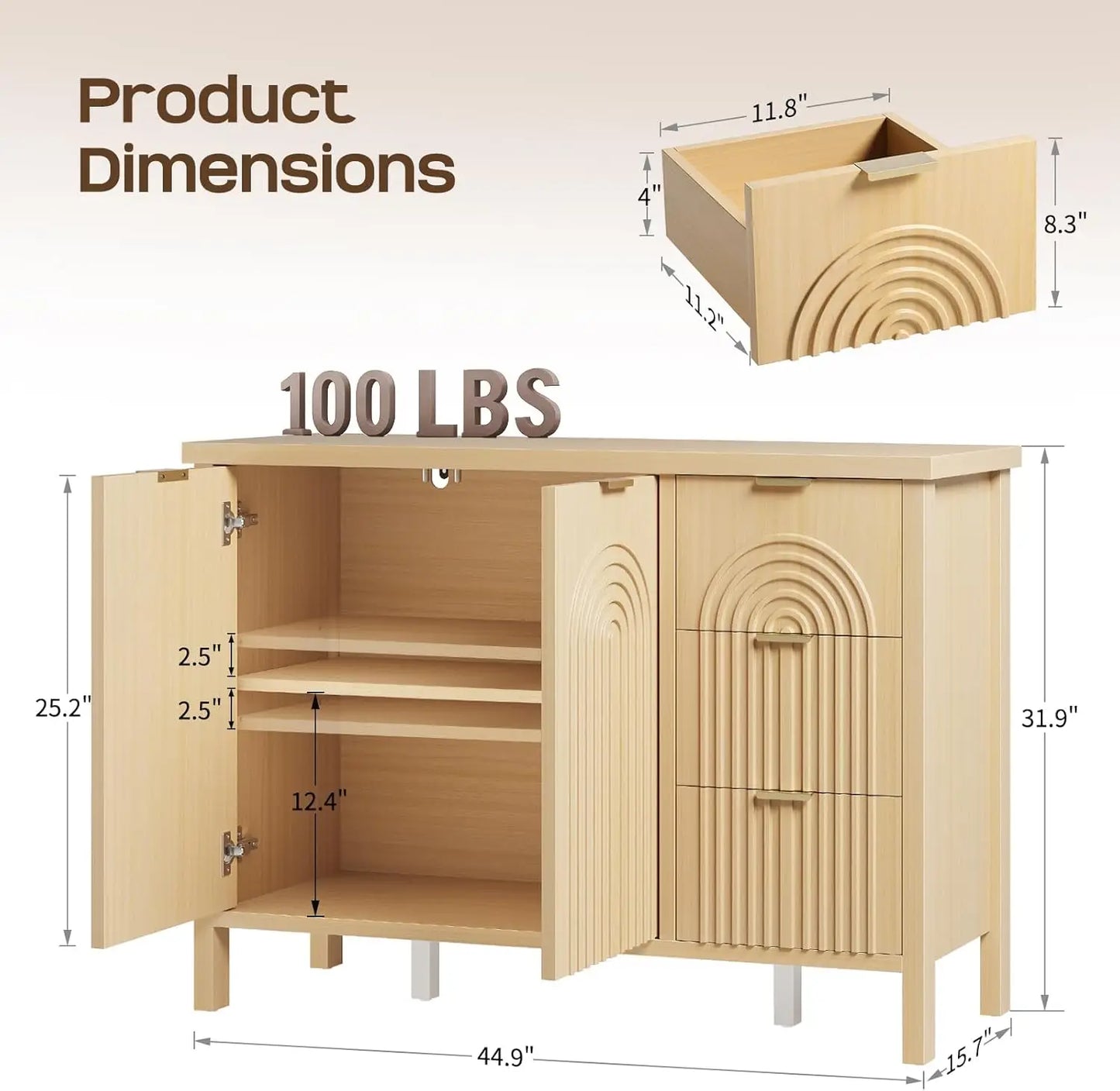 Sideboard Buffet Cabinet with Storage - Accent  Cabinets with Drawers & Doors, Fluted Kitchen Credenza