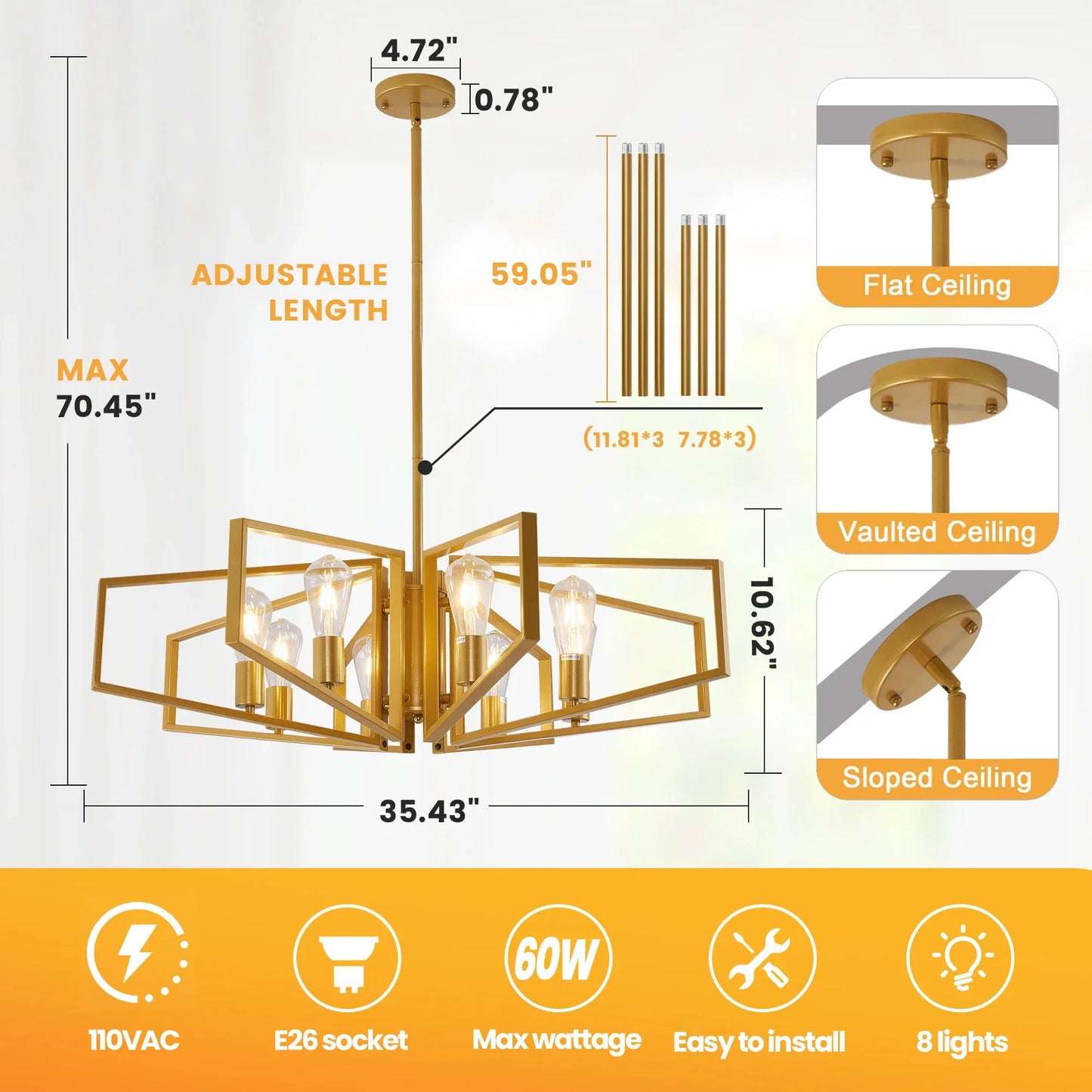 Modern 8-Light Geometric Chandelier Adjustable Height  Light with Black Frame & Golden Accents