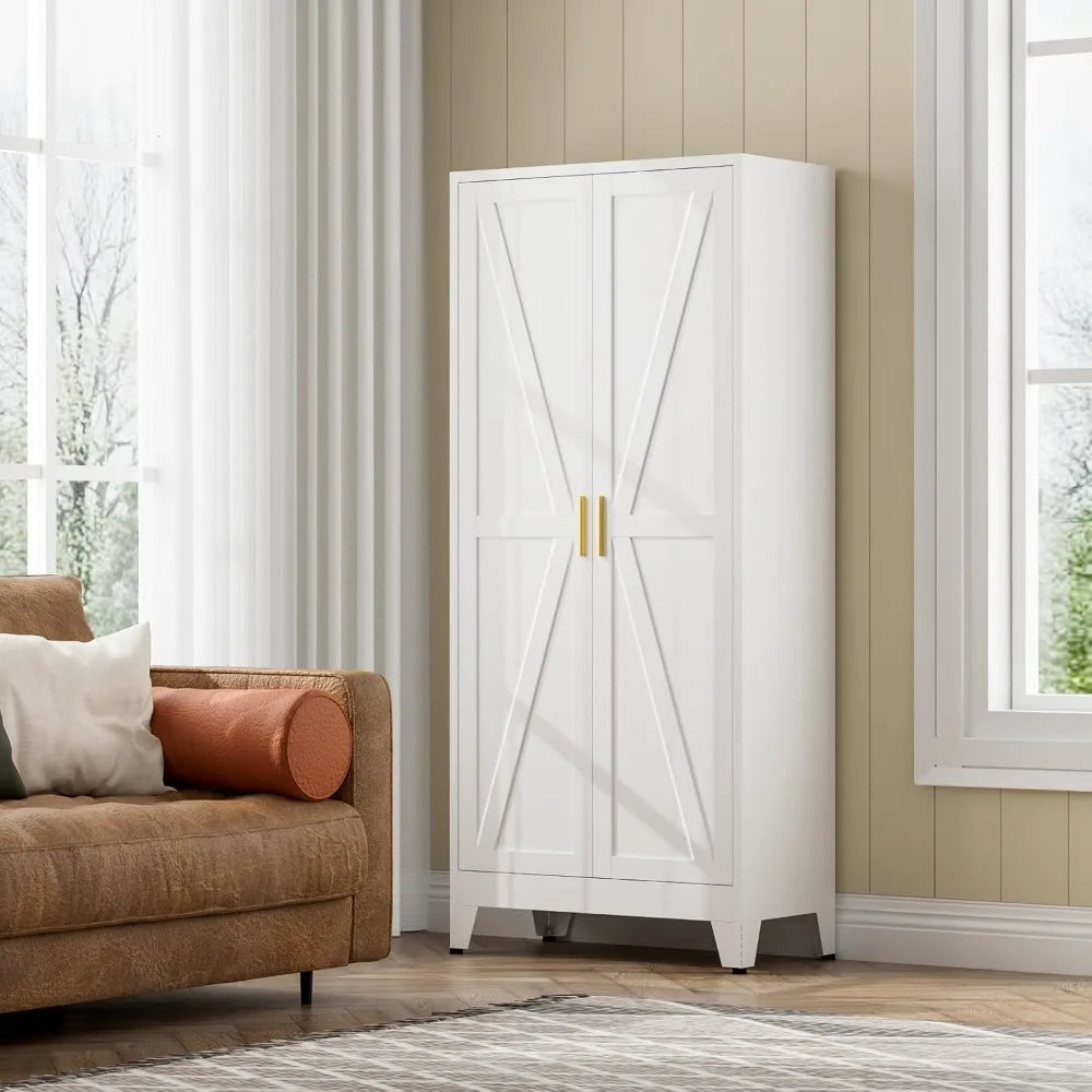 Exquisite White Farmhouse Storage Pantry Cabinet with 2 Barn Door, 3 Adjustable Shelves and Legs, Cupboard/Dining Ro