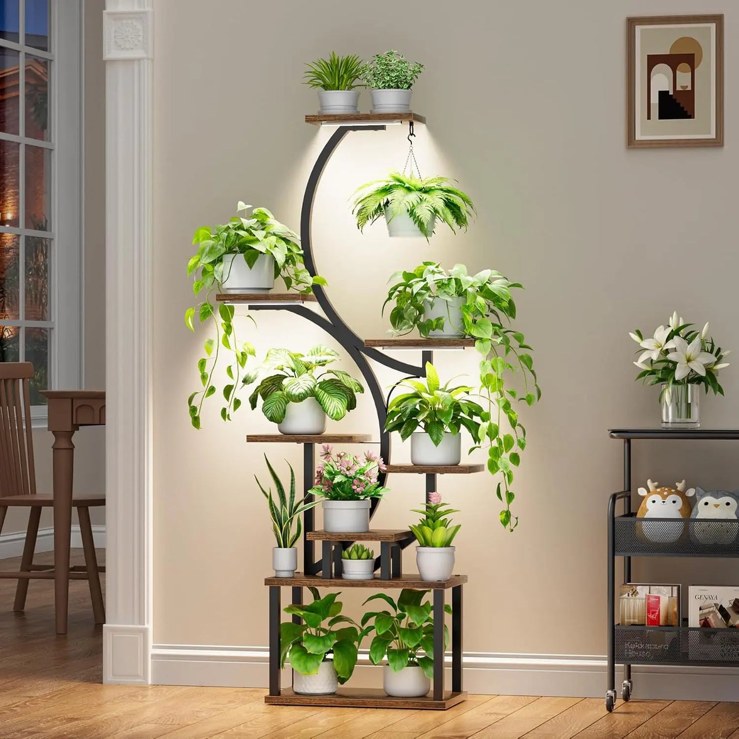 Plant Stands for Indoor Growing, 8 Tiered Large Flower Holder, S-Shaped Decorative Rack for Living Room, Brown