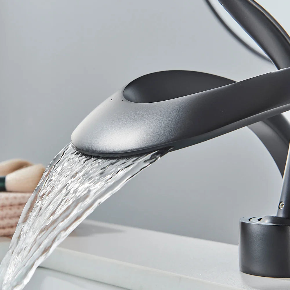 Rozin Luxury Black Basin Faucet Grey Bathroom Waterfall Mixer Tap Brass Deck Mount Modern Style