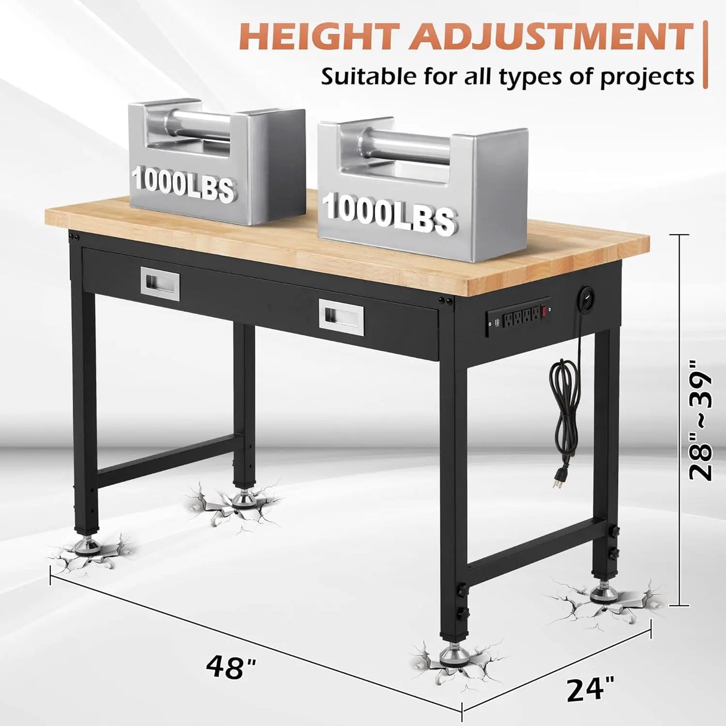 48” Adjustable Workbench with Drawer Storage,for Garage with Rubberwood Top,2000 LBS Capacity