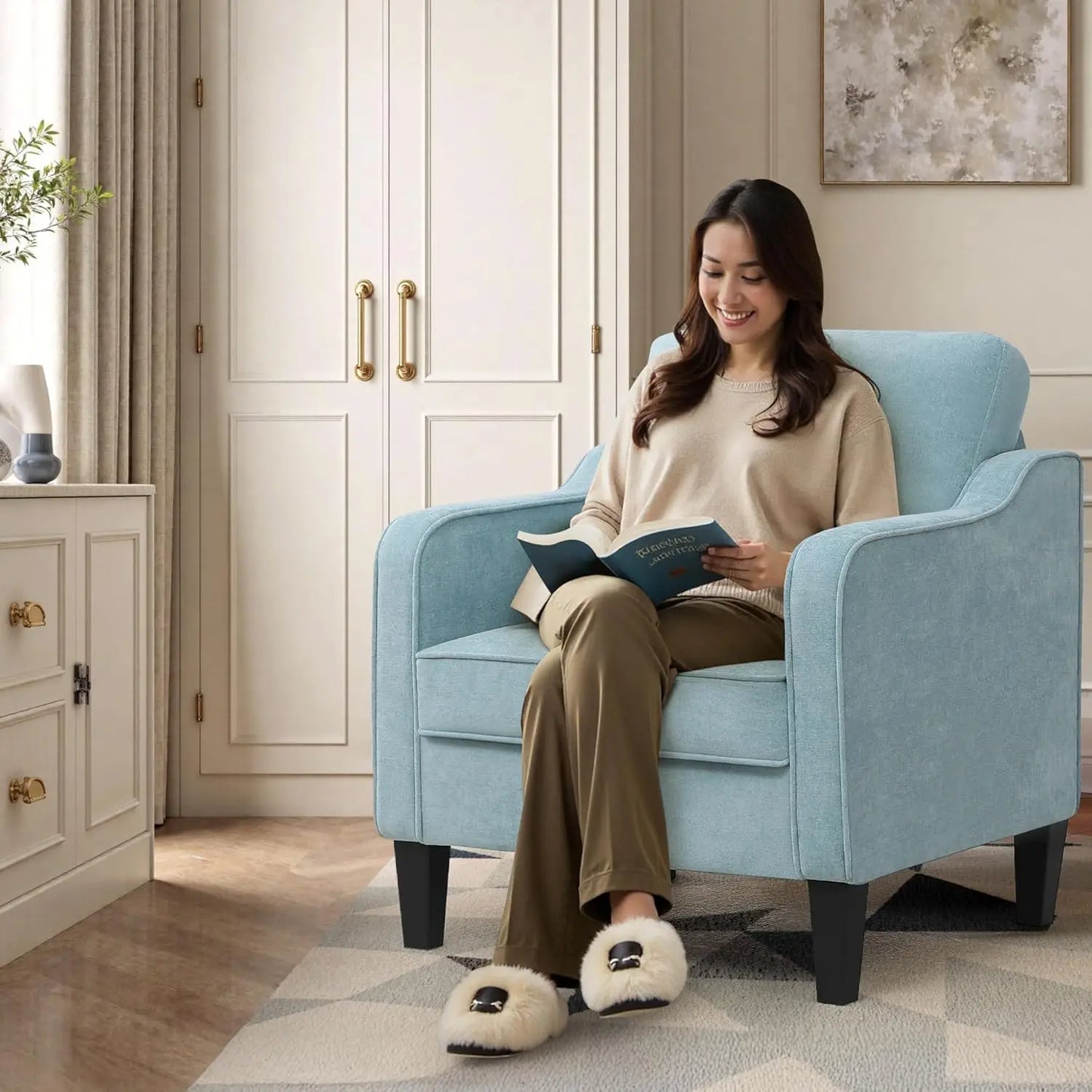 Accent Chair for Living Room, Mid Century Modern Reading Chair , Upholstered Armchair with Side Pockets,