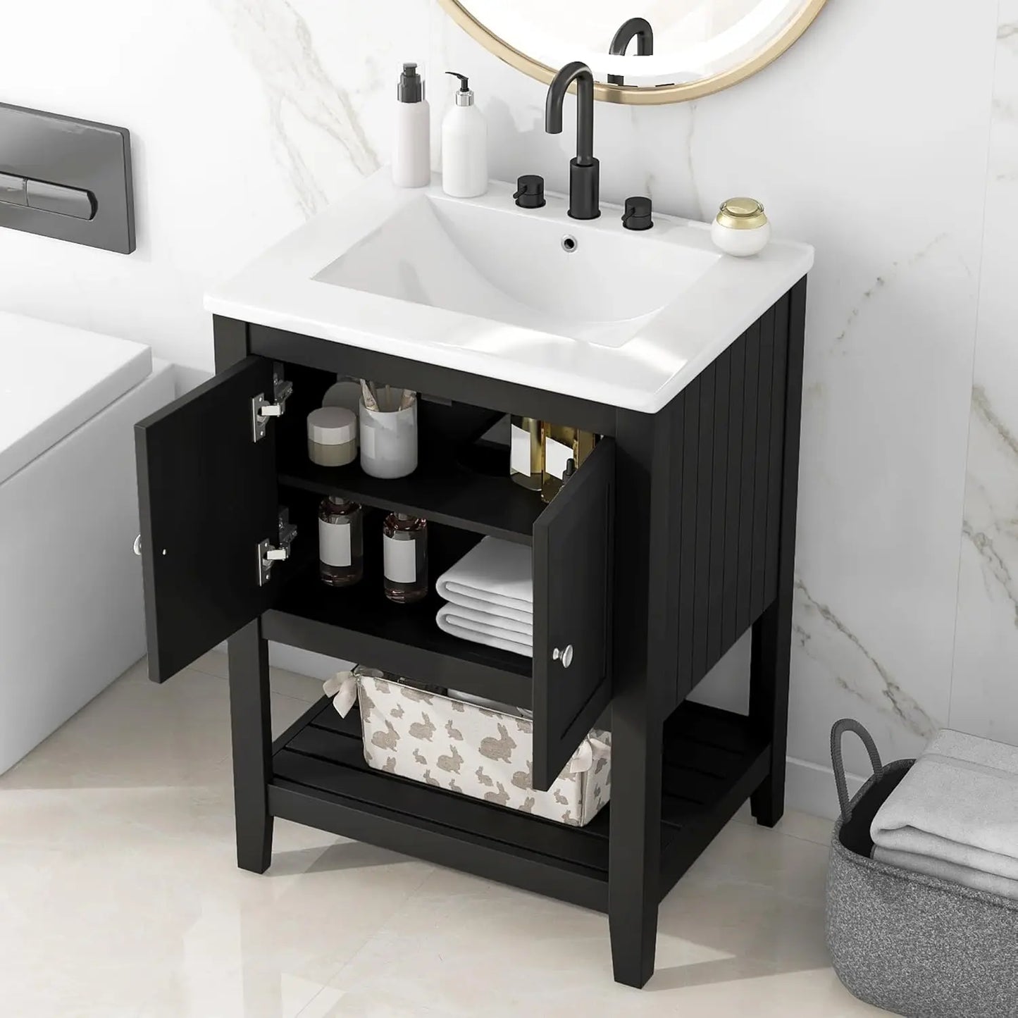 24 Inch Bathroom Vanity Sink Cabinet Solid Wood Door Open Shelf