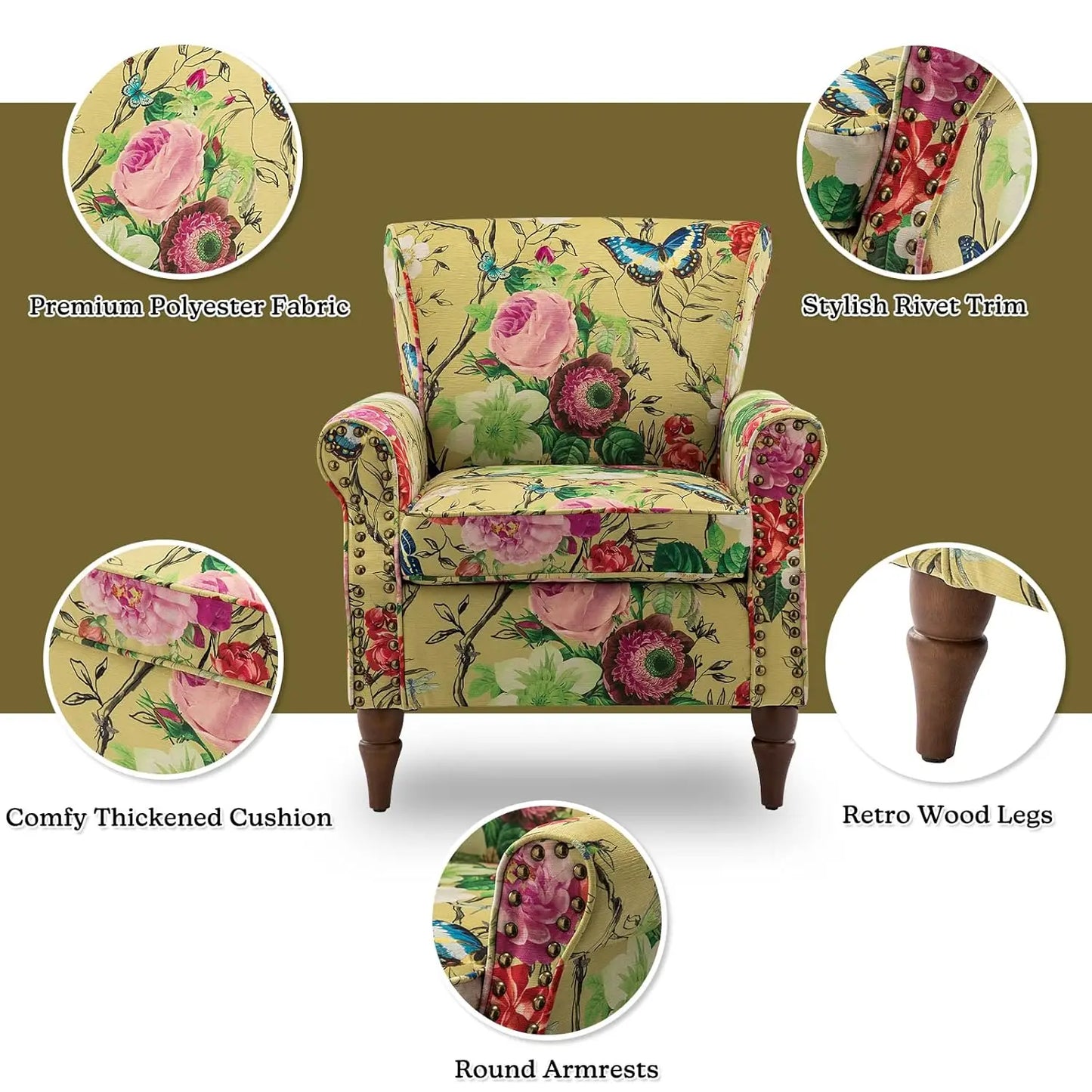 Modern Wingback Accent Chair with Wood Legs & Removable Cushion, Comfy Upholstered Armchair , Different Fabrics