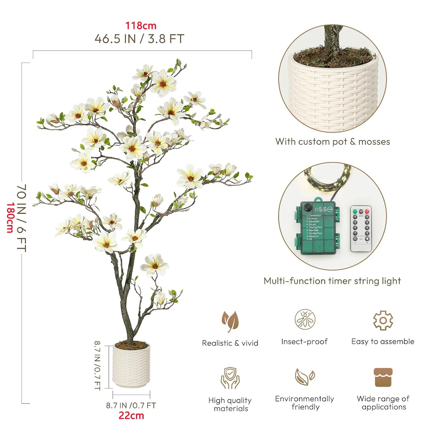 Artificial Magnolia Plant Faux Flower Trees  with LED Light for Yard Patio Home
