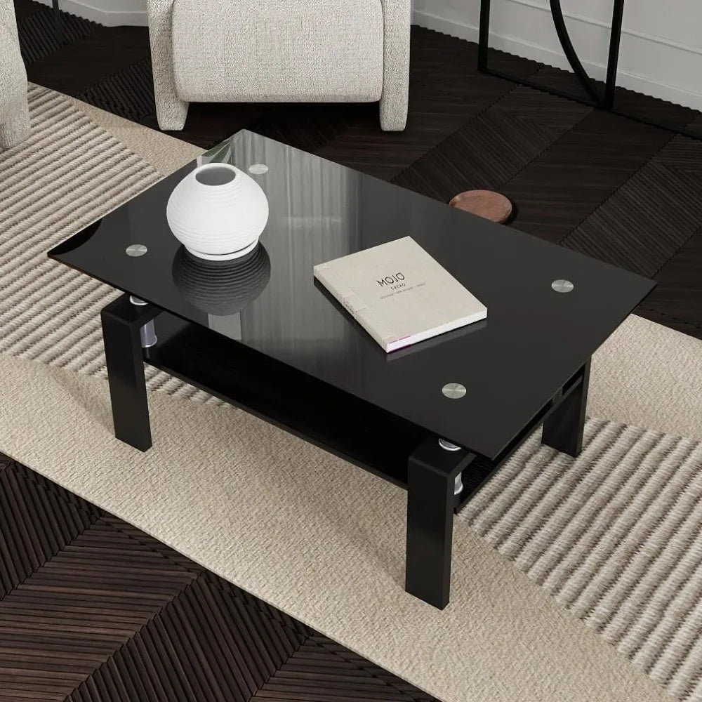 Clear Glass Coffee Table Metal Tube (All-Black)