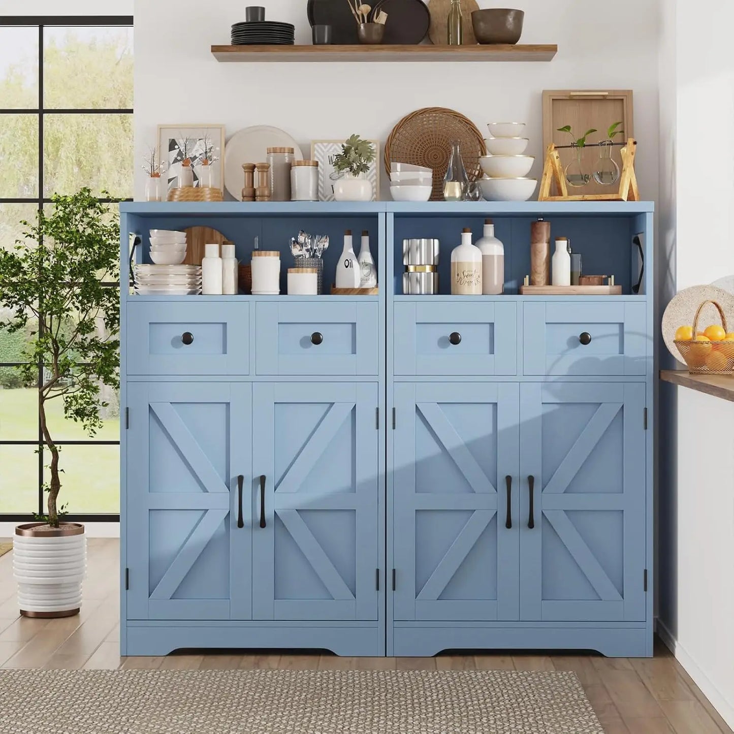 Farmhouse Blue Storage Cabinet with Barn Doors & Drawers, Kitchen Pantry Organizer for Home