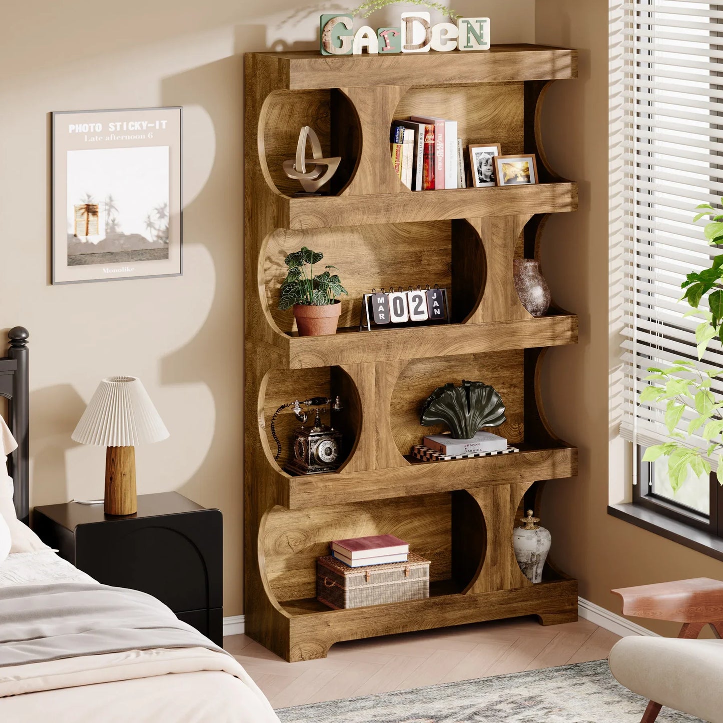 Tribesigns 71" Tall Bookcase, 4-Tier S-Shaped Bookshelf, Wood Modern Freestanding Display Shelves