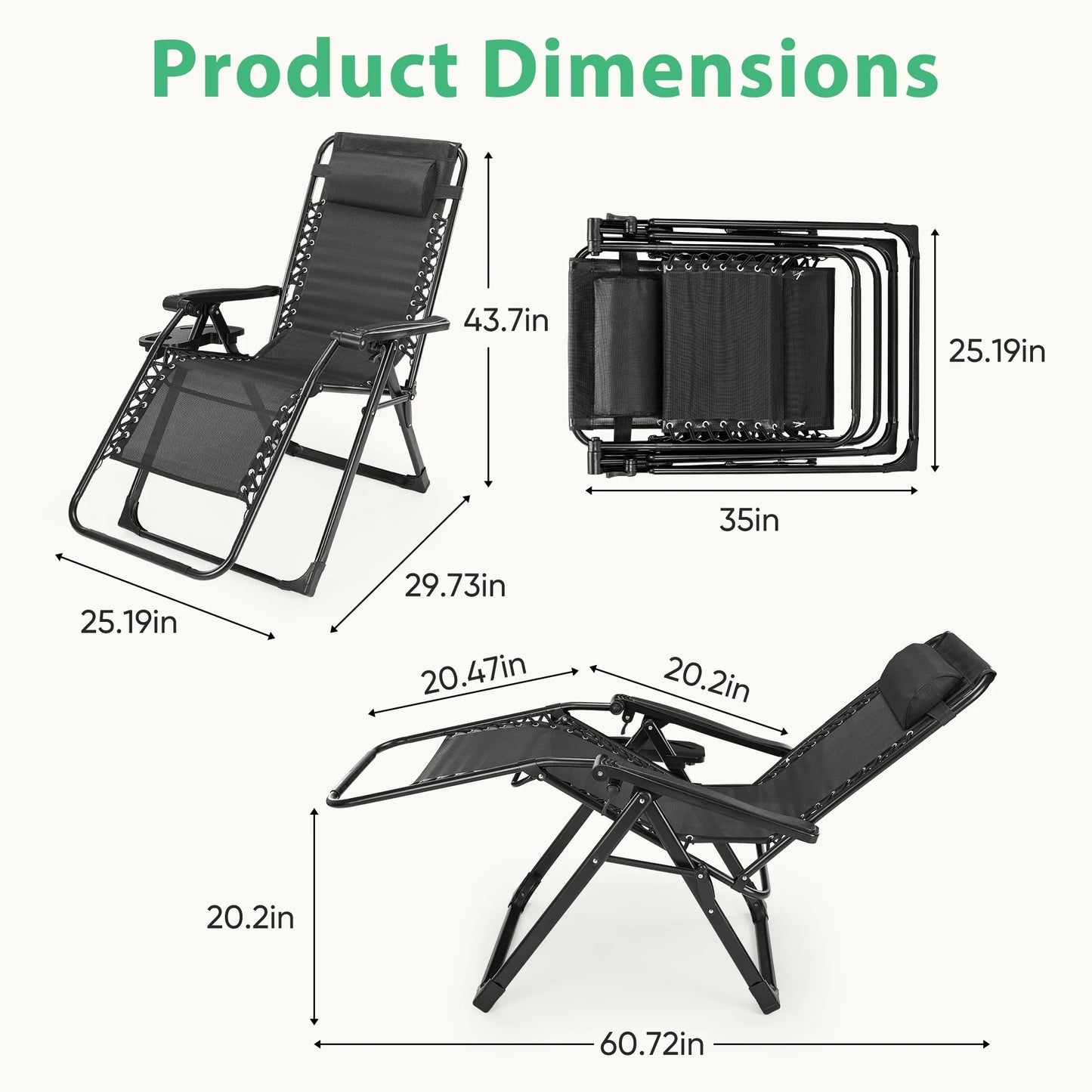 JHK Zero Gravity Set of 2 Portable Recliner  Outdoor Garden Lounge Chair with Cup Holder