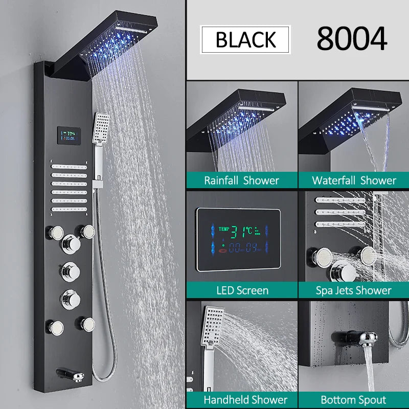 LED Shower Panel Tower System Rain Waterfall Shower LCD Display With Massage  Shower Faucet